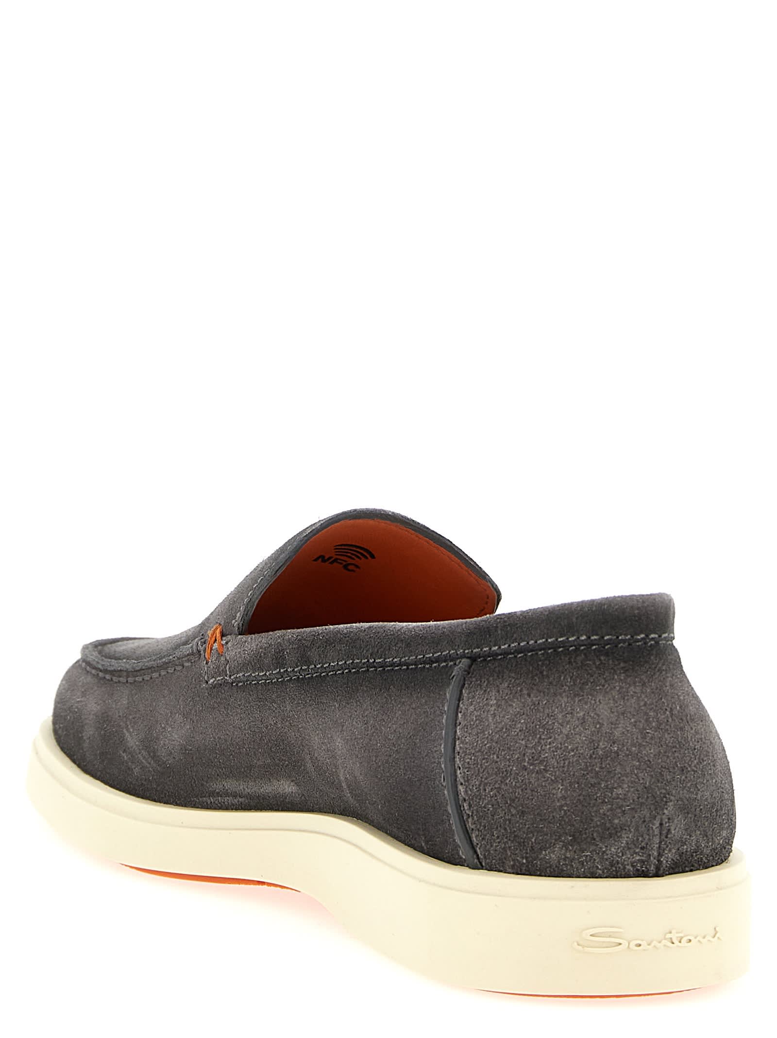 Santoni Suede Loafers With Round Toe And Contrast Sole In Brown