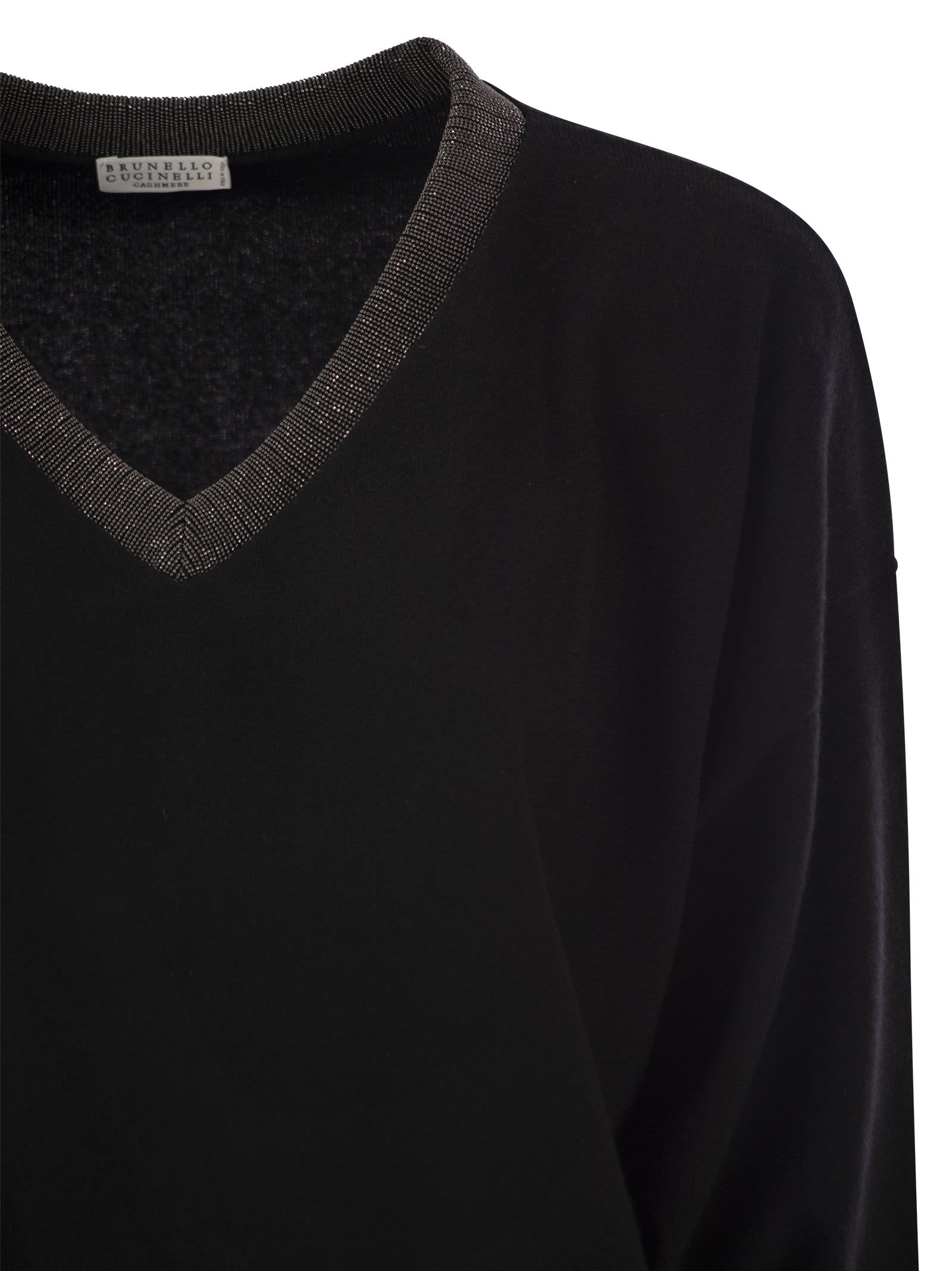 Shop Brunello Cucinelli Cashmere Sweater With Precious Ribbed Neckline In Black