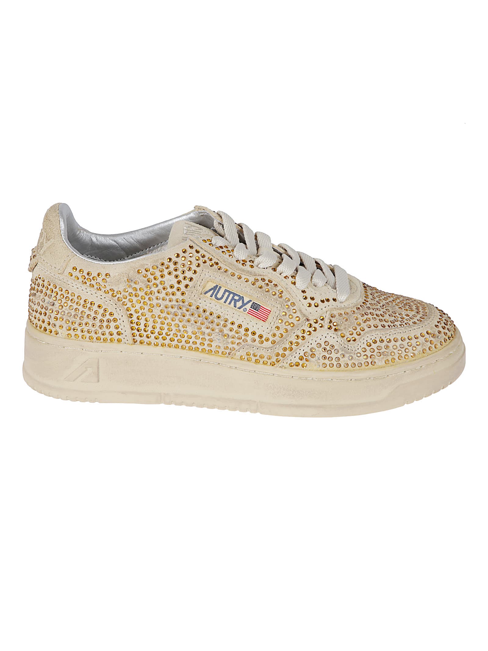 Autry Medalist Low Sneakers In Bronze Suede With Crystal Micro Rhinestones Shoes In Brown