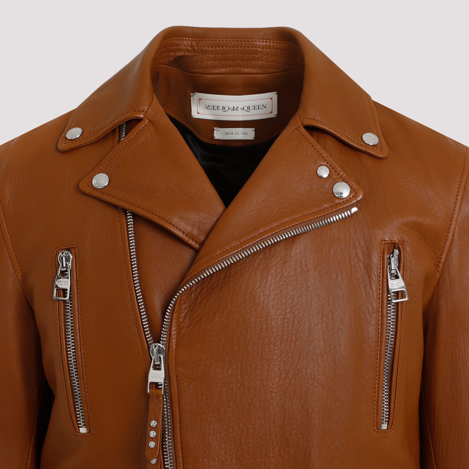 Shop Alexander Mcqueen Essential Leather Biker Jacket In Tobacco