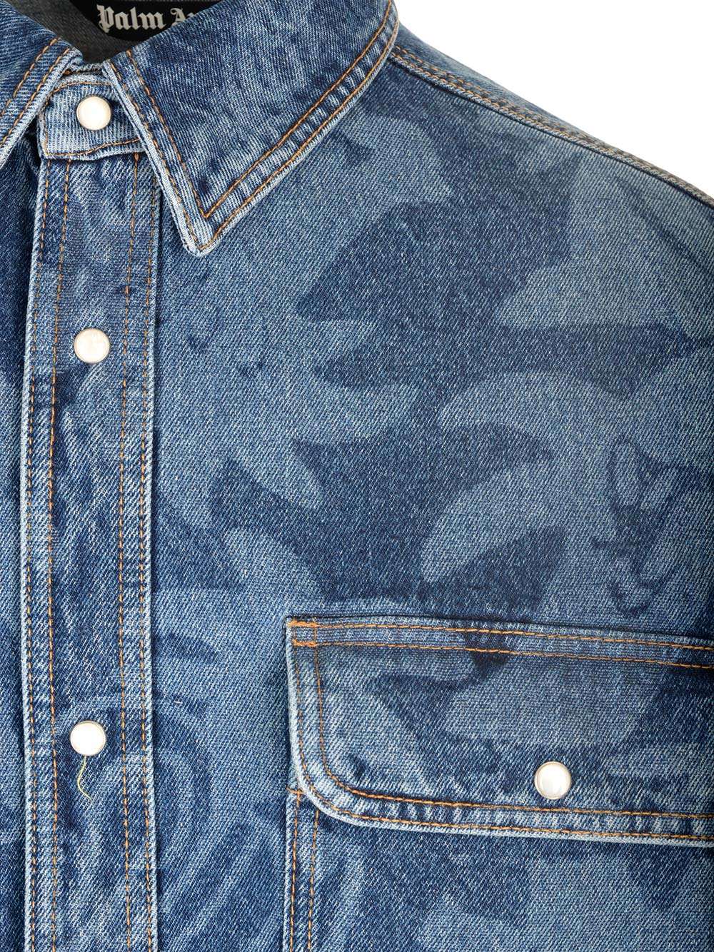 Palm Angels 'palmity' Overshirt In Denim With Laser Print All-over