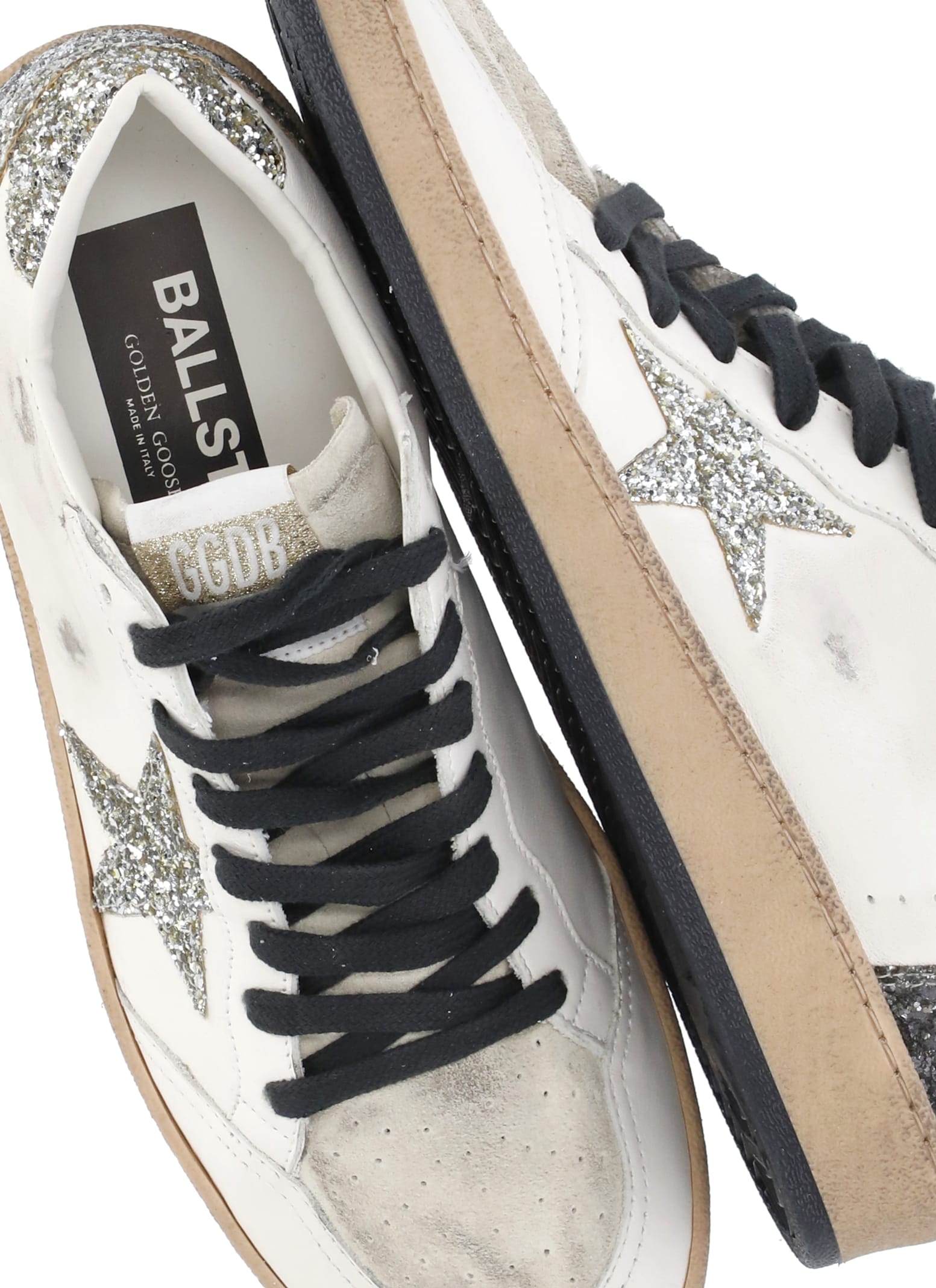 Golden Goose Ballstar White Low Top Sneakers With Glittered Star Patch On The Side And Glittered Heel With Logo L In White