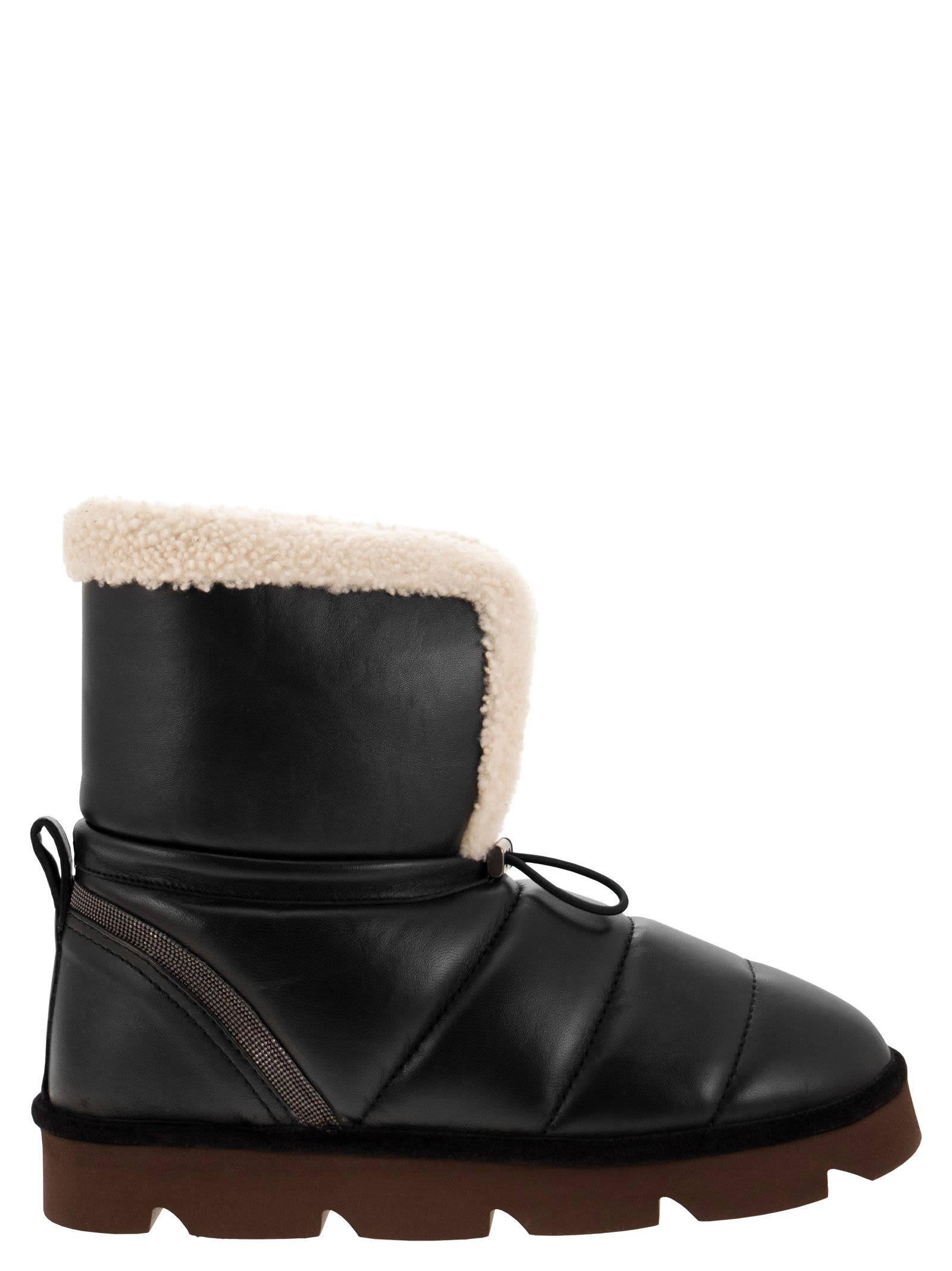BRUNELLO CUCINELLI LEATHER BOOT WITH SHEARLING LINING AND SHINY DETAILS