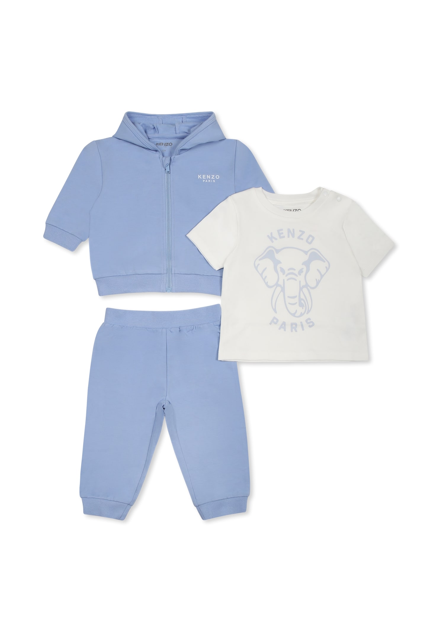 Kenzo Light Blue Suit For Baby Boy With Elephant And Logo In Light Blue