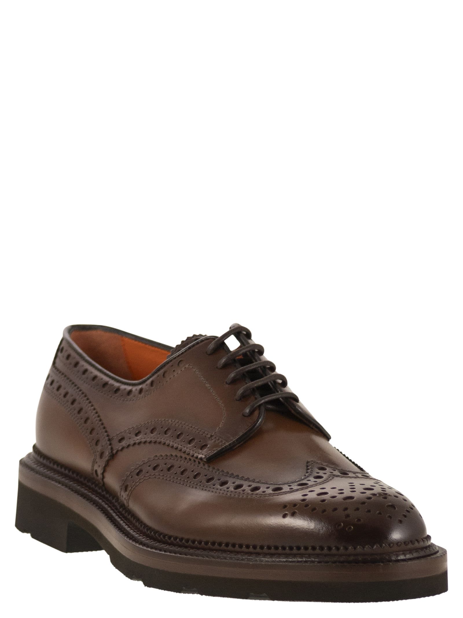 Santoni Lace-up Derby Brogue In Leather In Brown