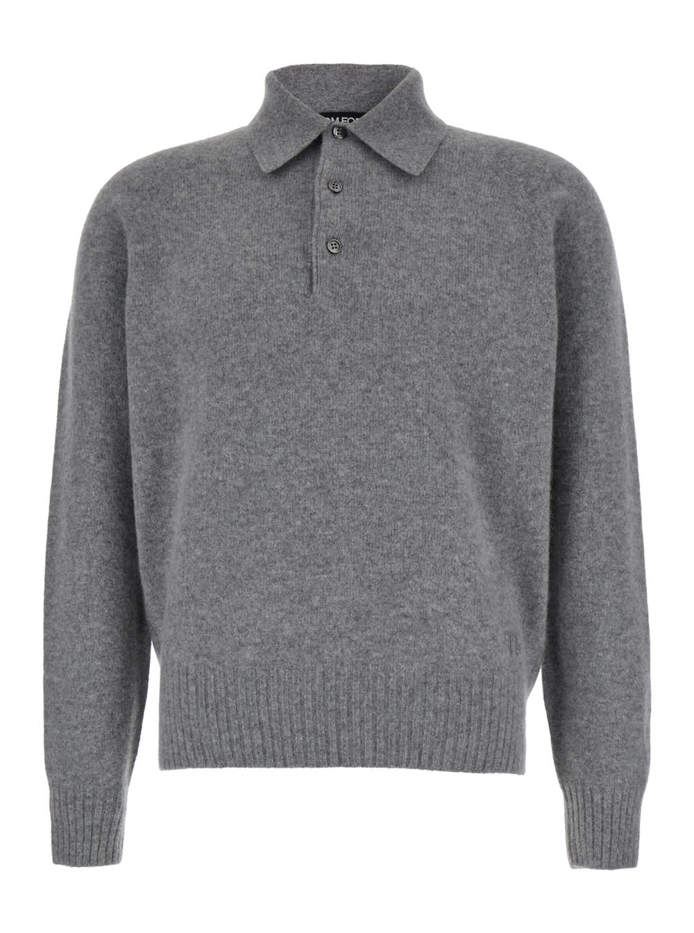 Shop Tom Ford Grey Long Sleeve Polo Shirt With Tonal Embroidery In Cashmere Man