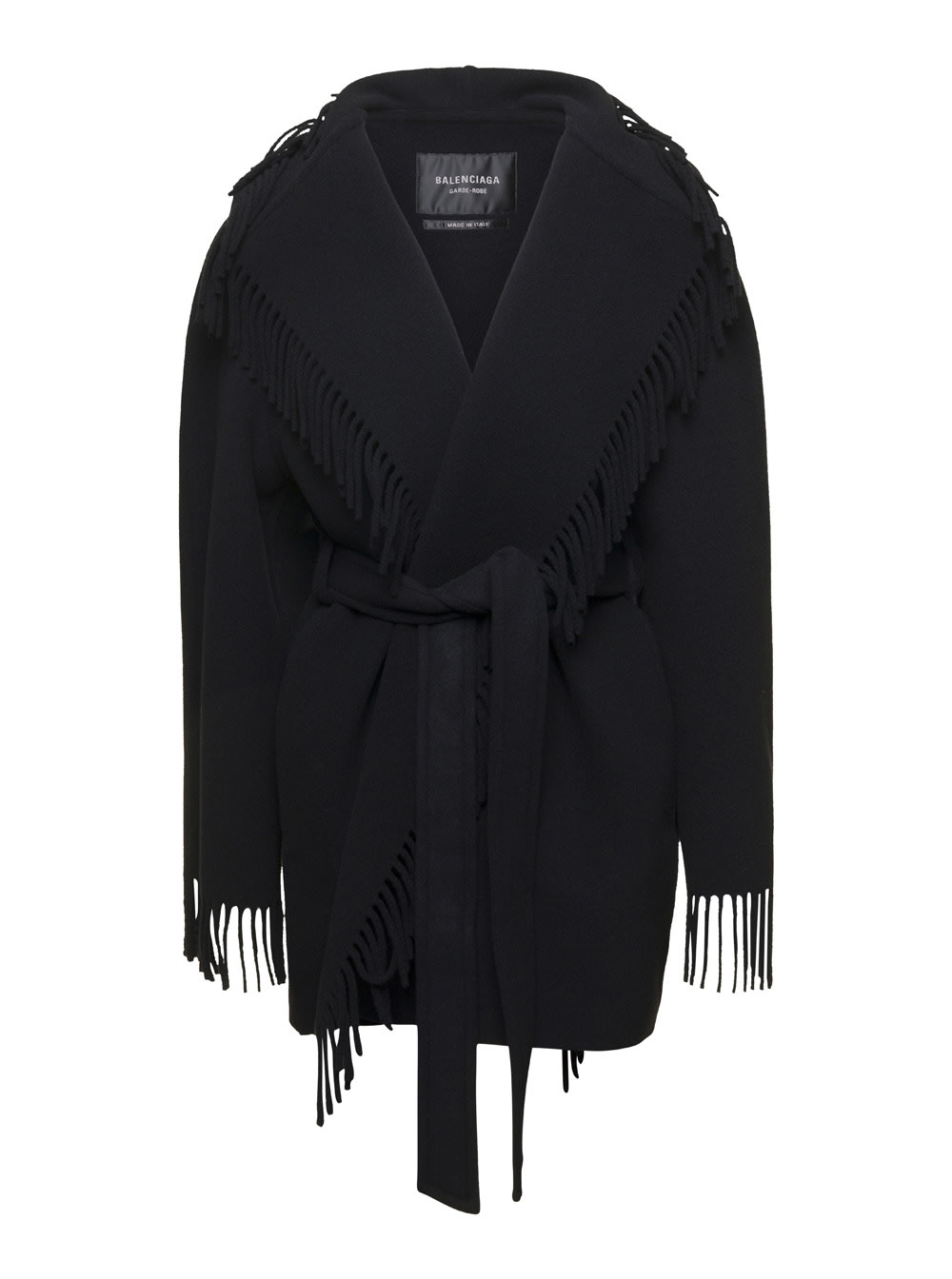Shop Balenciaga Black Coat With Fringes In Wool Woman