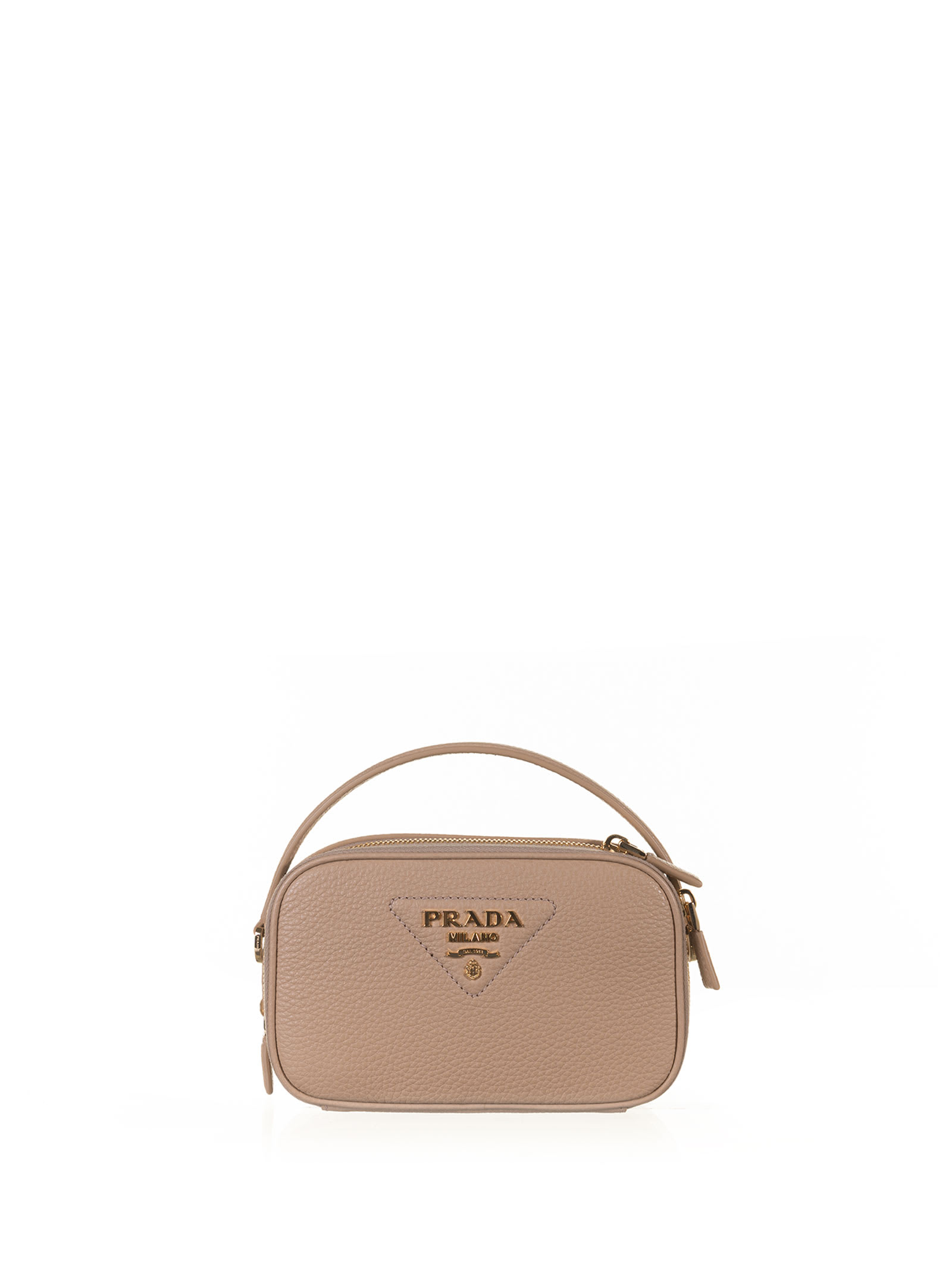 Prada Leather Mini Bag with Shoulder Strap and Logo Sabbia