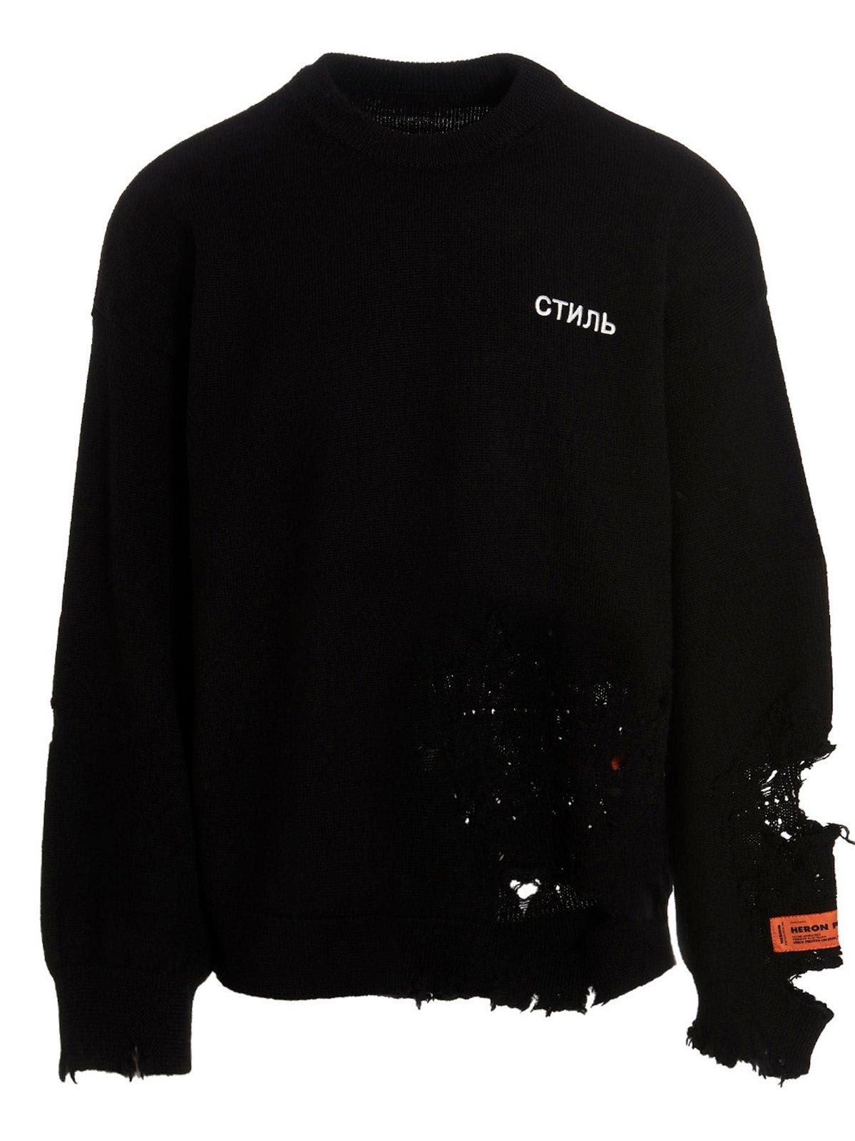 Logo Embroidered Distressed Crewneck Sweater