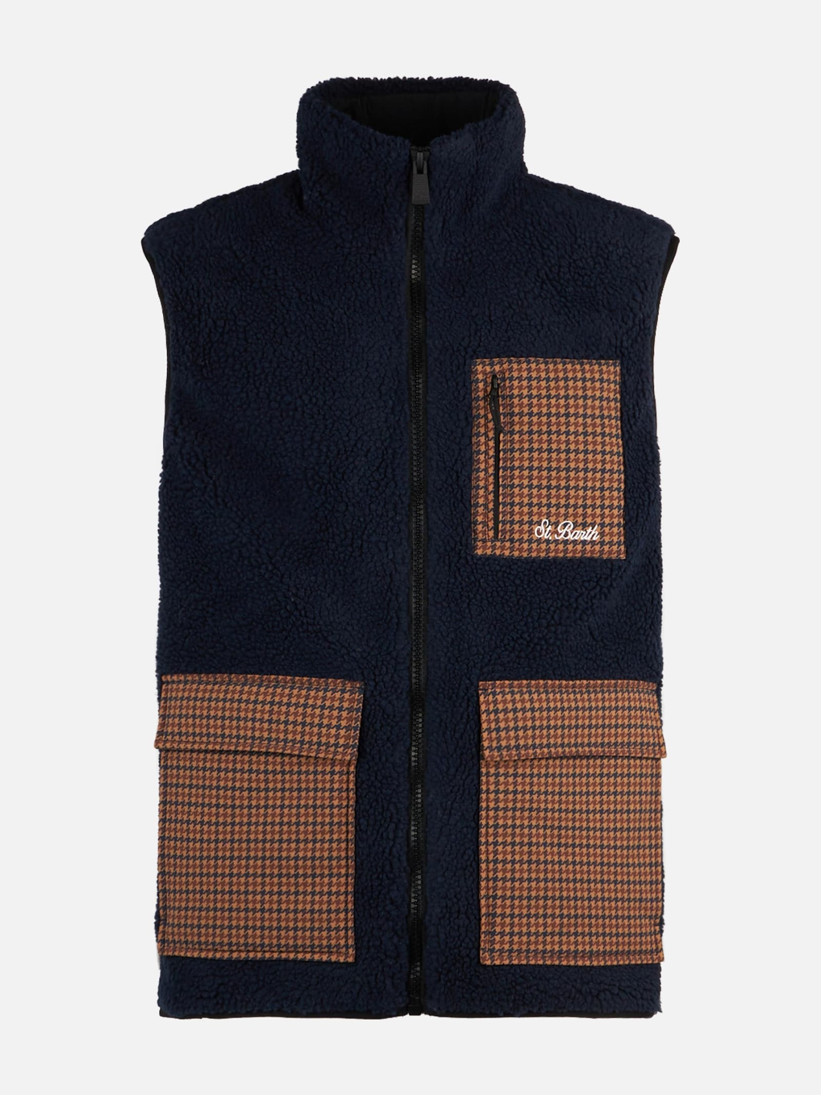 Shop Mc2 Saint Barth Man Blue Sherpa Vest Jacket With Check Patch Pockets