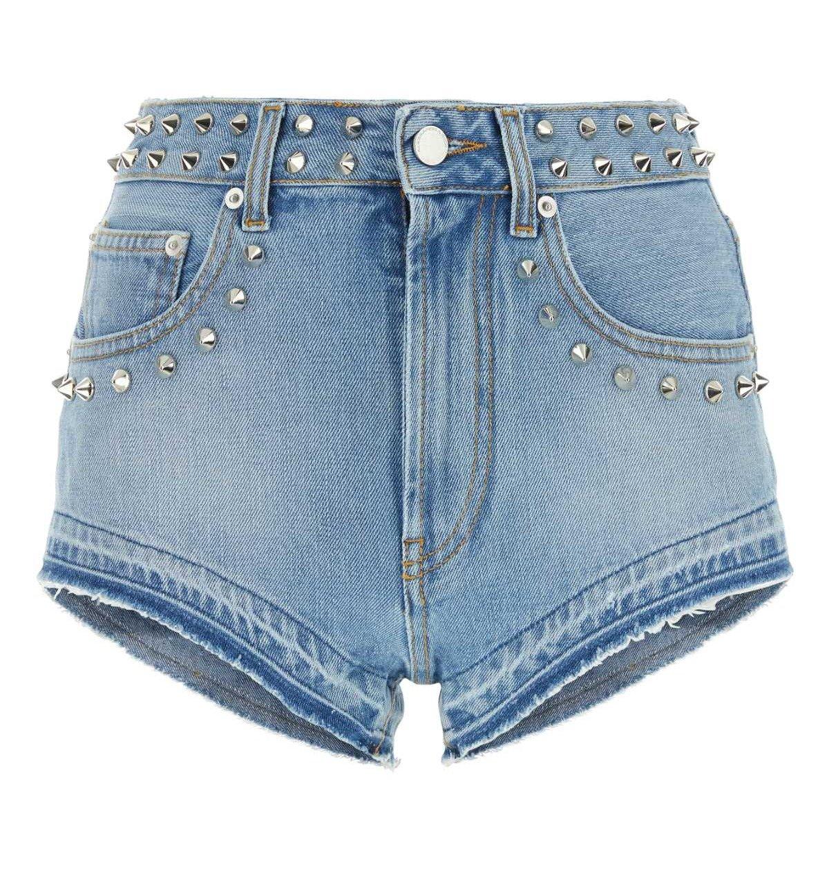 Shop Alessandra Rich Spike Embellished Denim Shorts In Light Blue