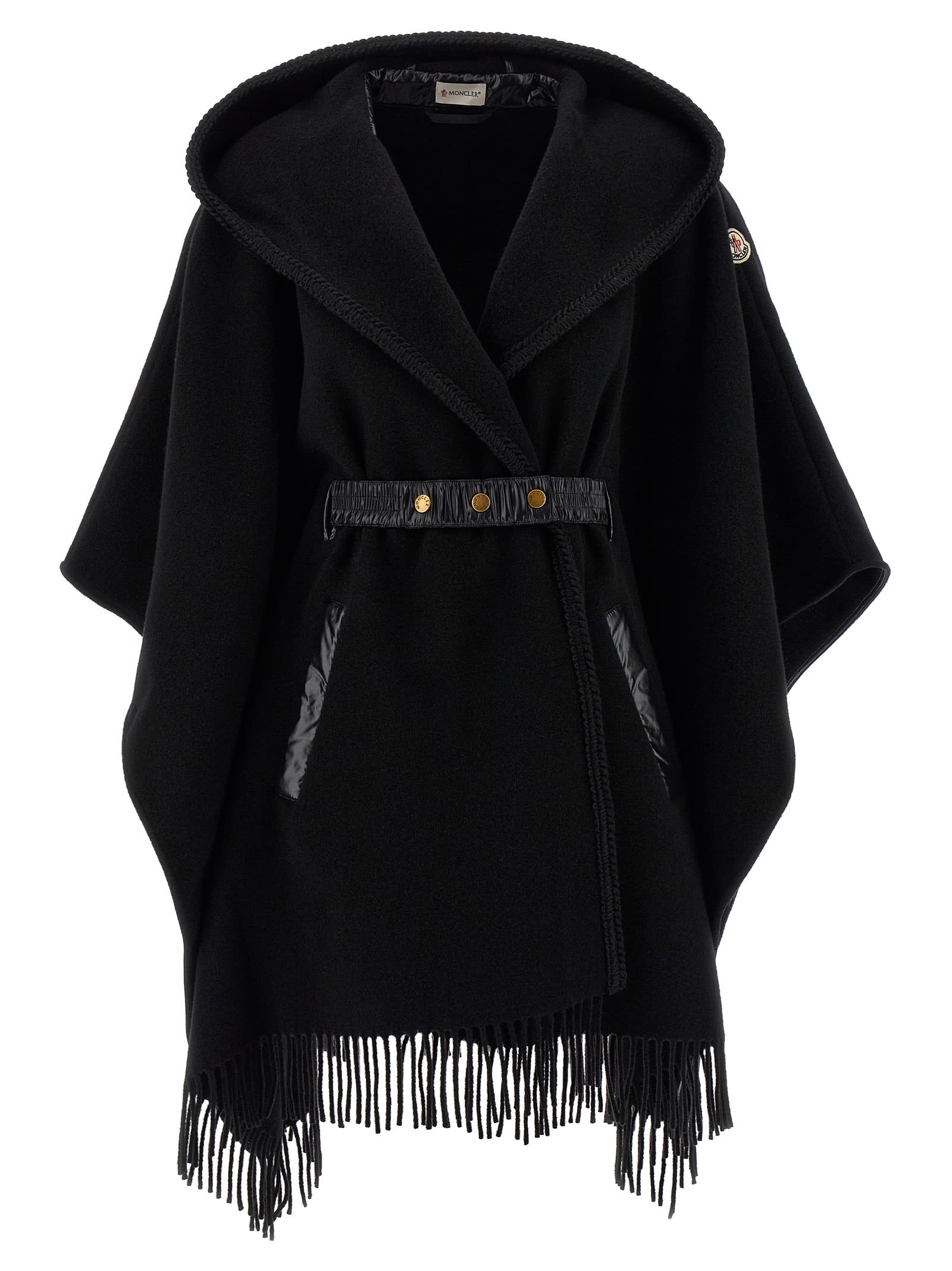Moncler Hooded Cape With Belted Waist And Fringed Hem In Black