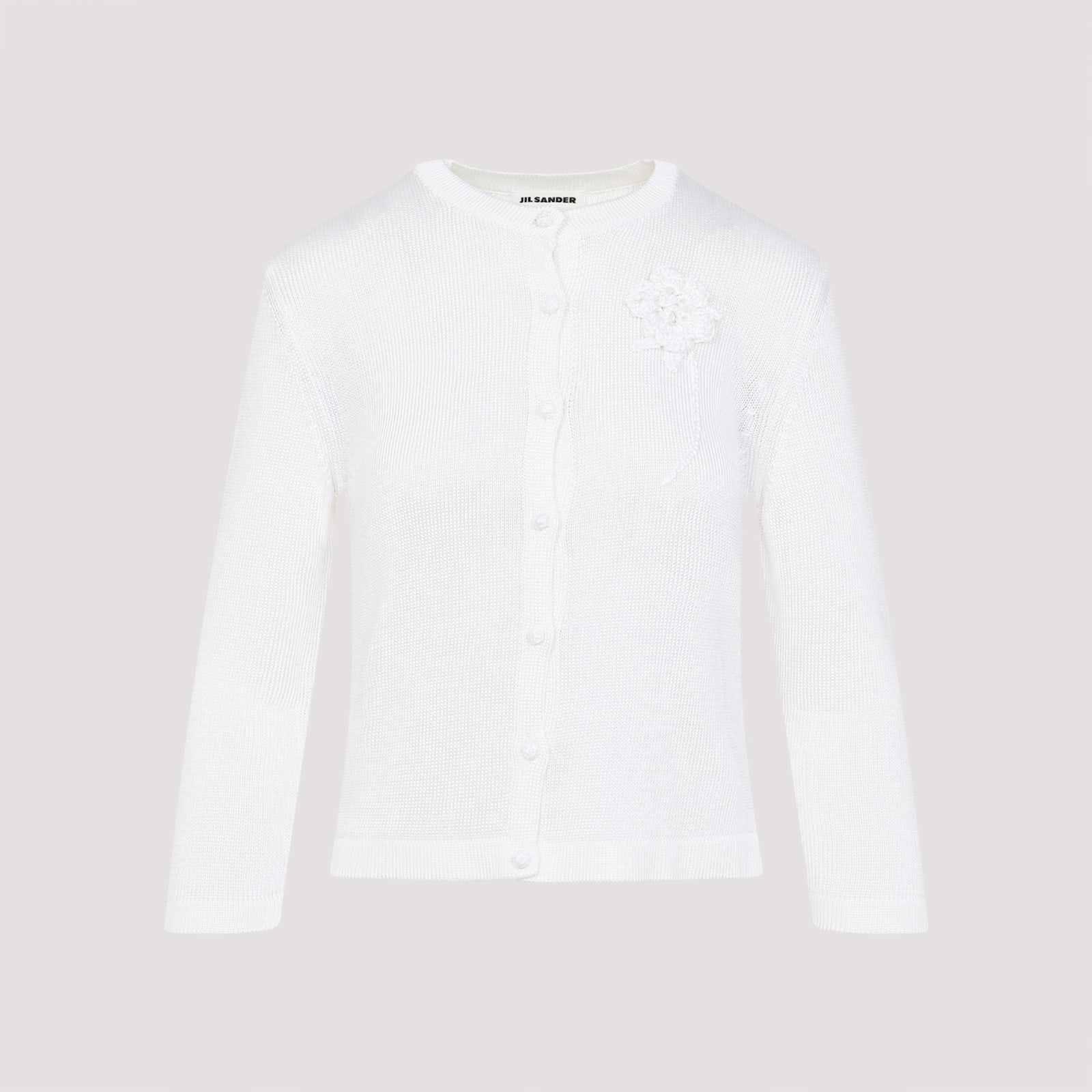 Jil Sander Button-up White Viscose Sweater With Floral Embellishment In Piuma