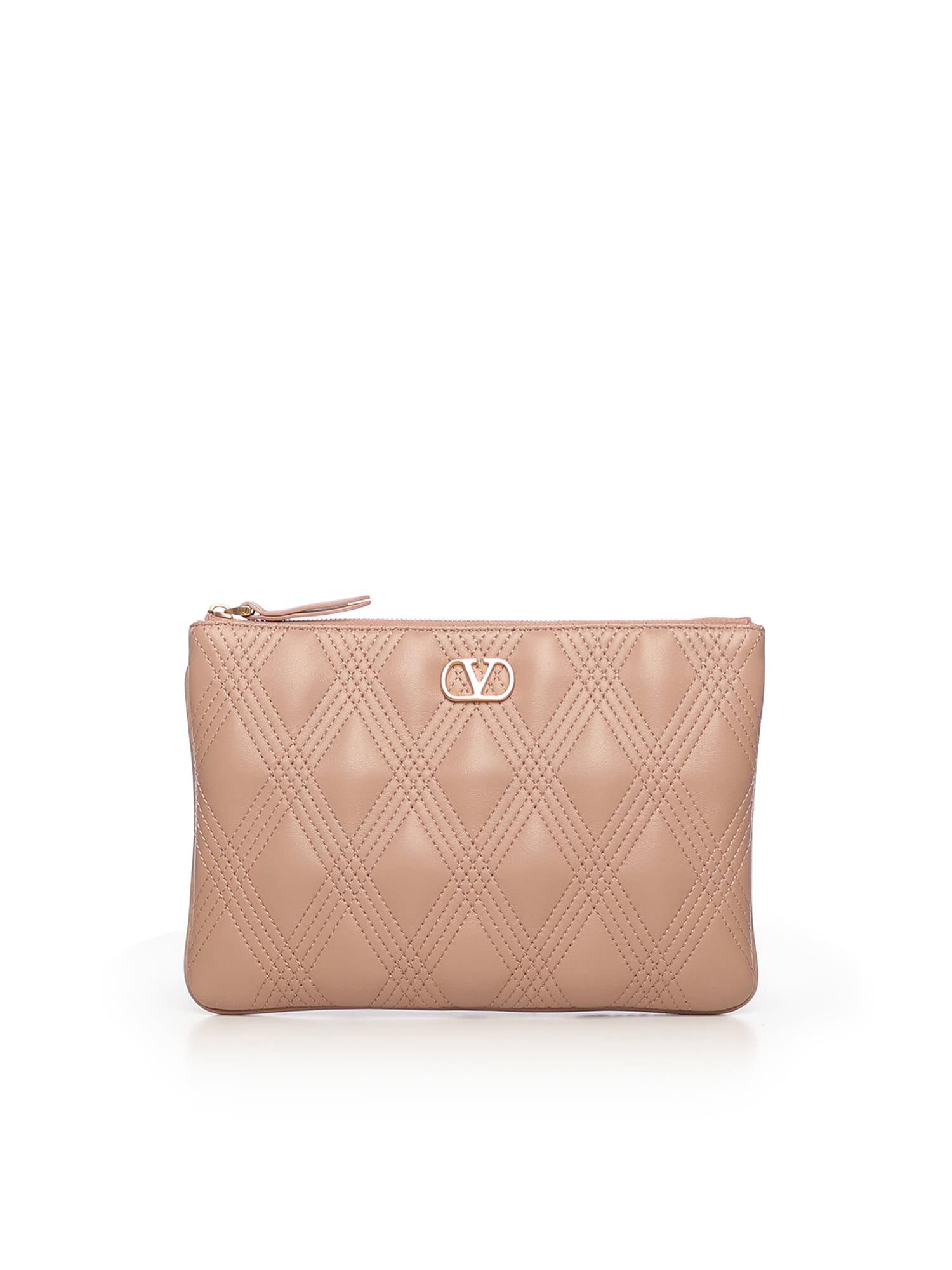 Valentino Quiltie 67 Pouch In Quilted Nappa Leather In Brown