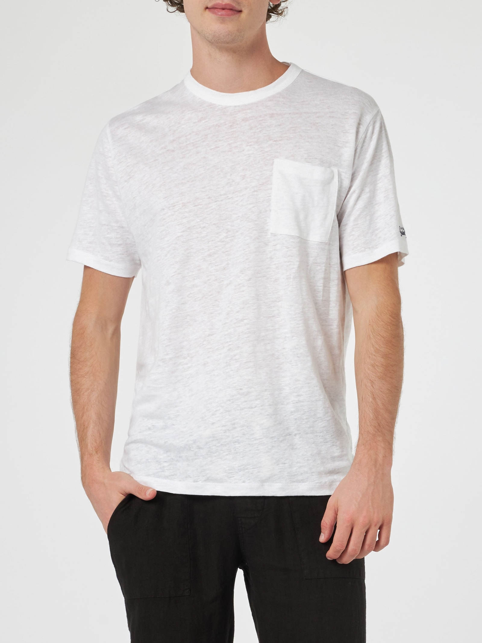 Mc2 Saint Barth Man Off-white Linen Jersey T-shirt Ecstasea With Pocket In White