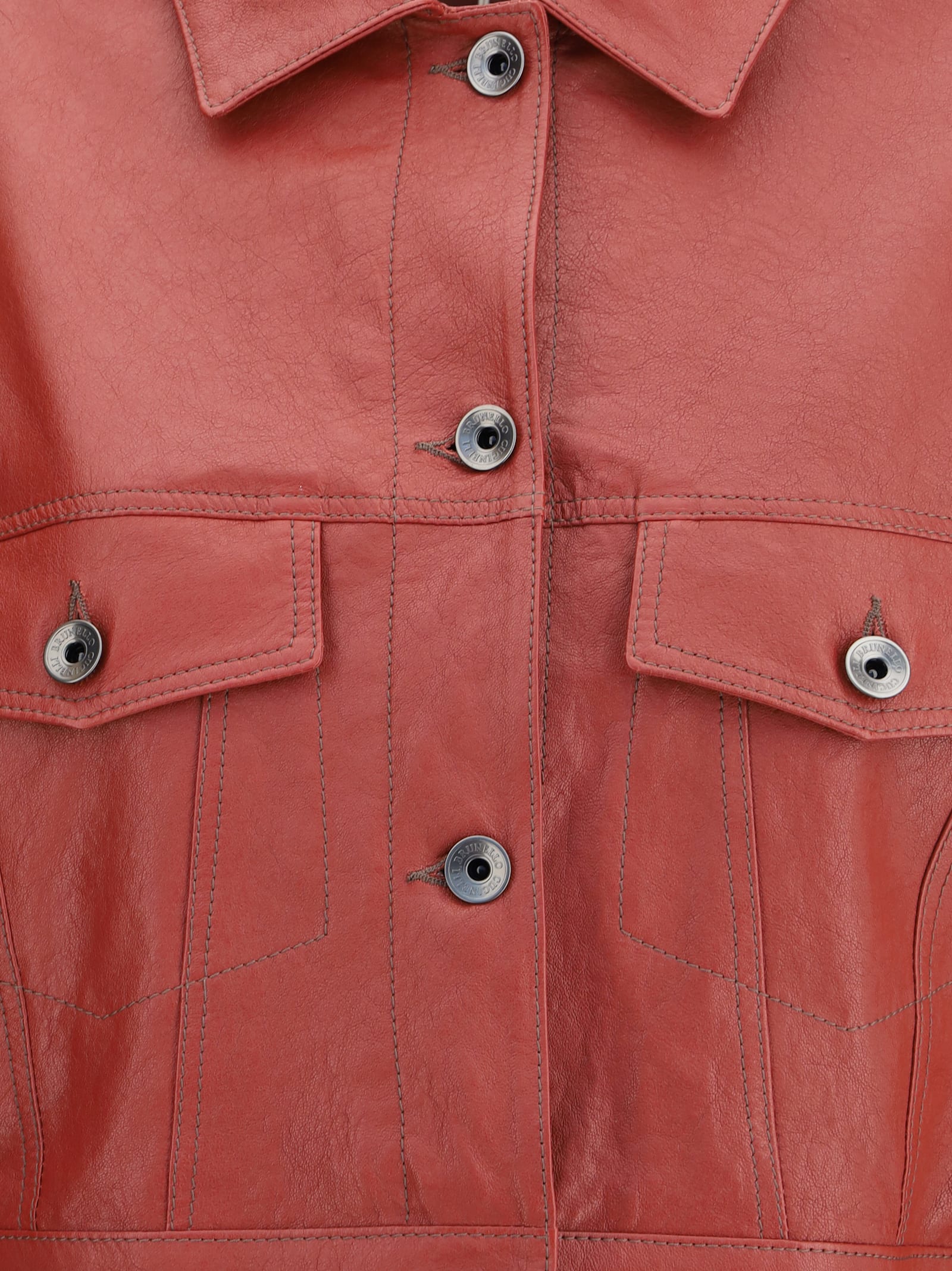 Brunello Cucinelli Cropped Leather Jacket With Patch Pockets In Red
