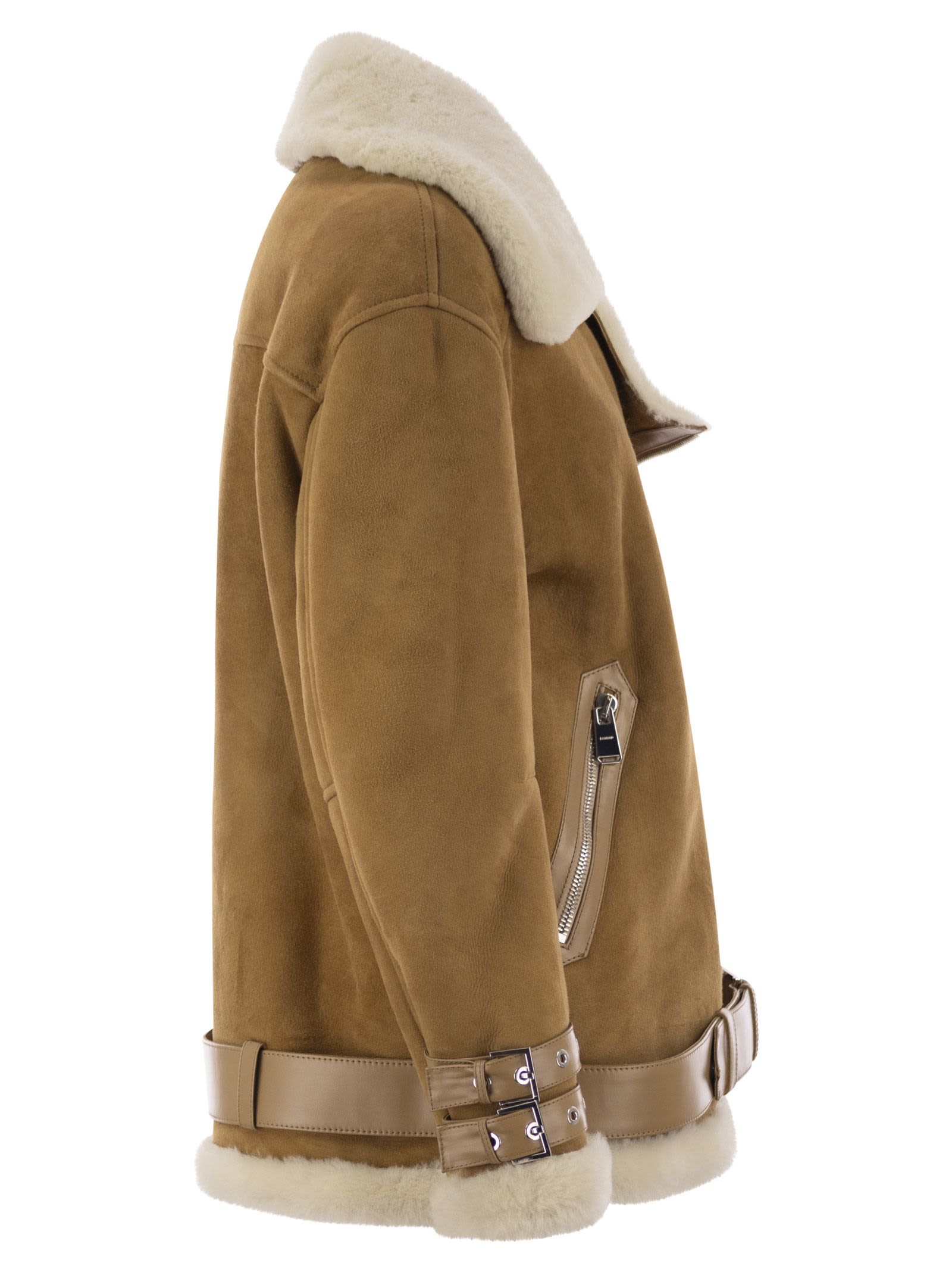 Shop Dondup Loose Shearling Jacket In Caramel