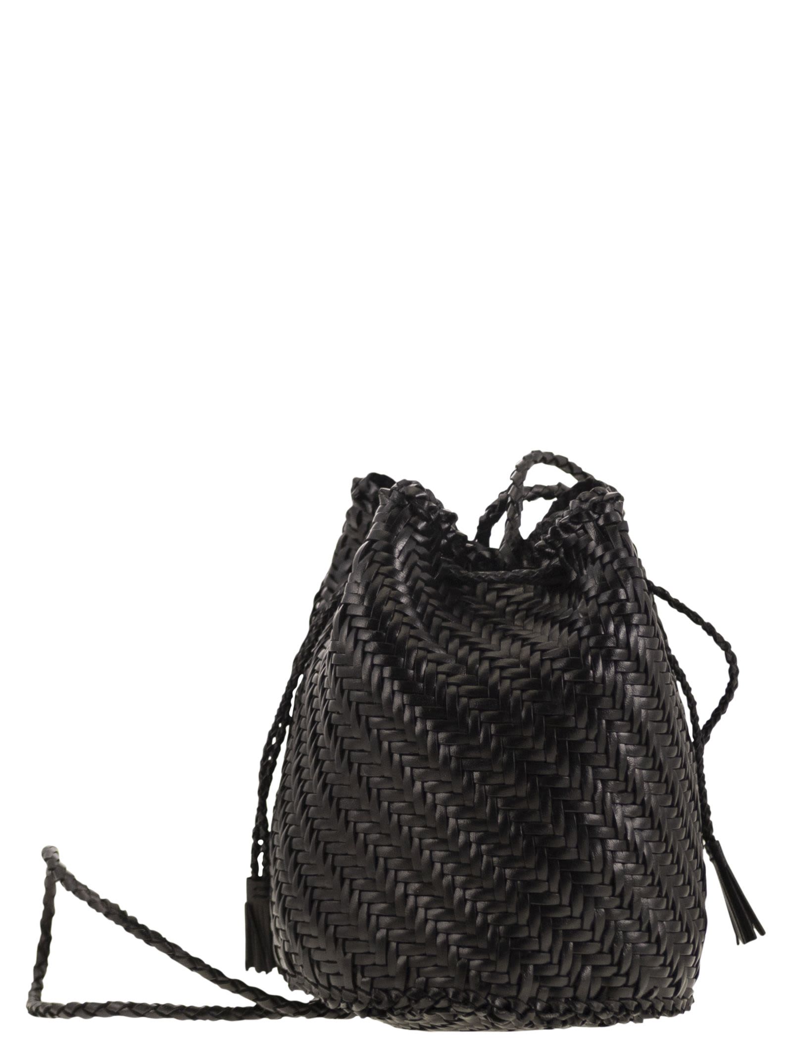 Dragon Diffusion Pompom Doublej Woven Leather Basket Bag In Black