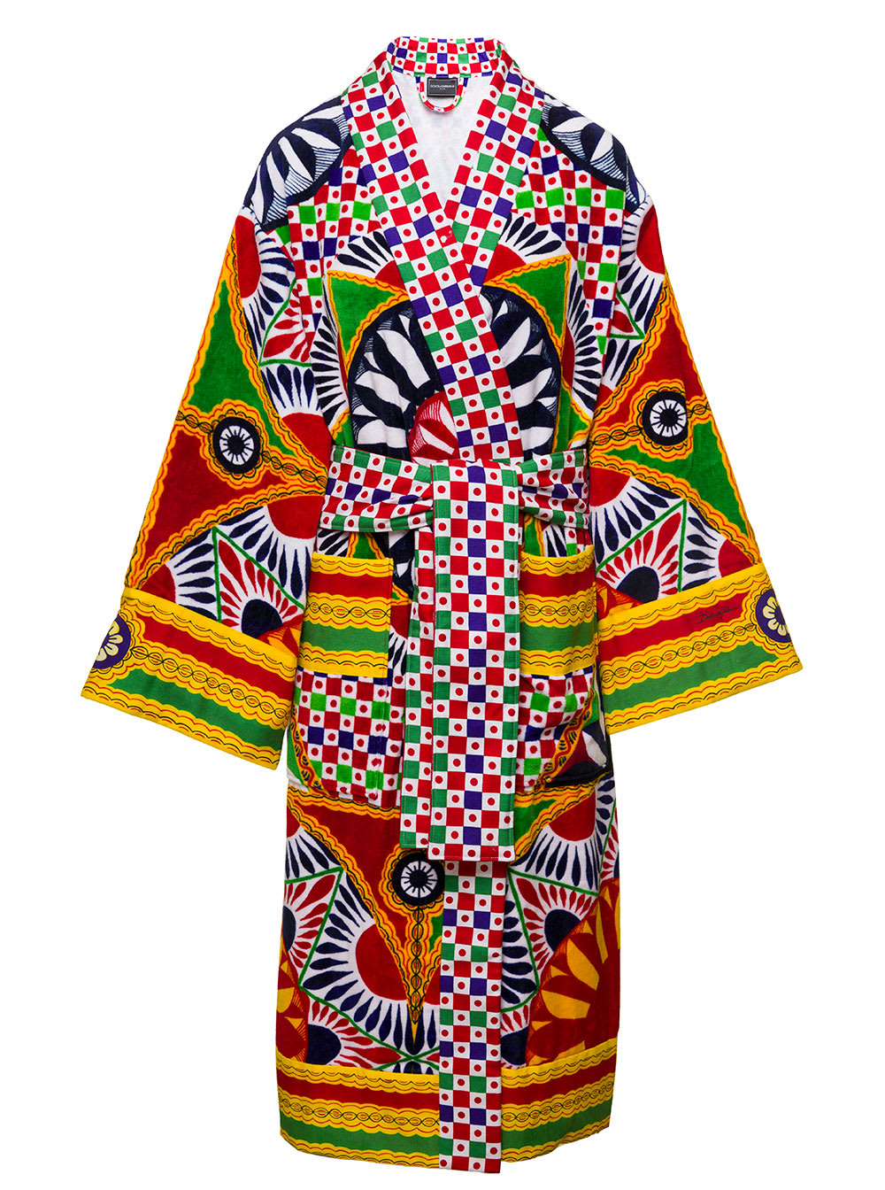 Shop Dolce & Gabbana Multicolor Kimono Bathrobe With All-over Carretto Siciliano Print In Cotton