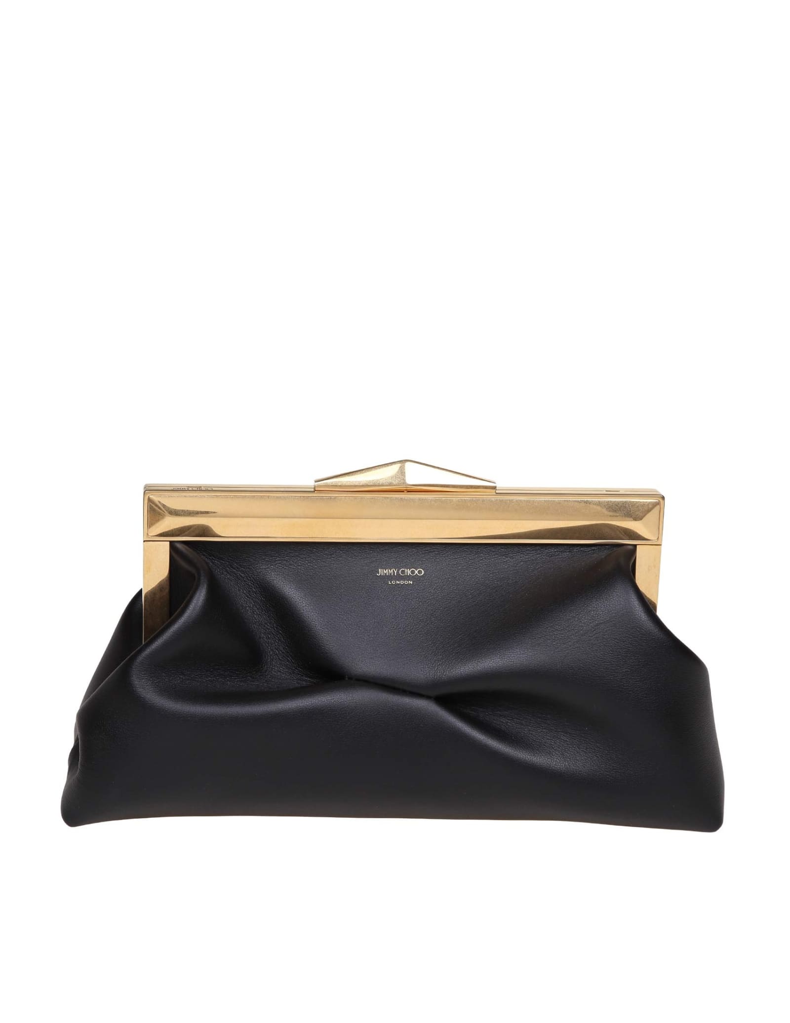 Shop Jimmy Choo Aqk Frame Clutch Bag In Soft Black Leather In Black/gold