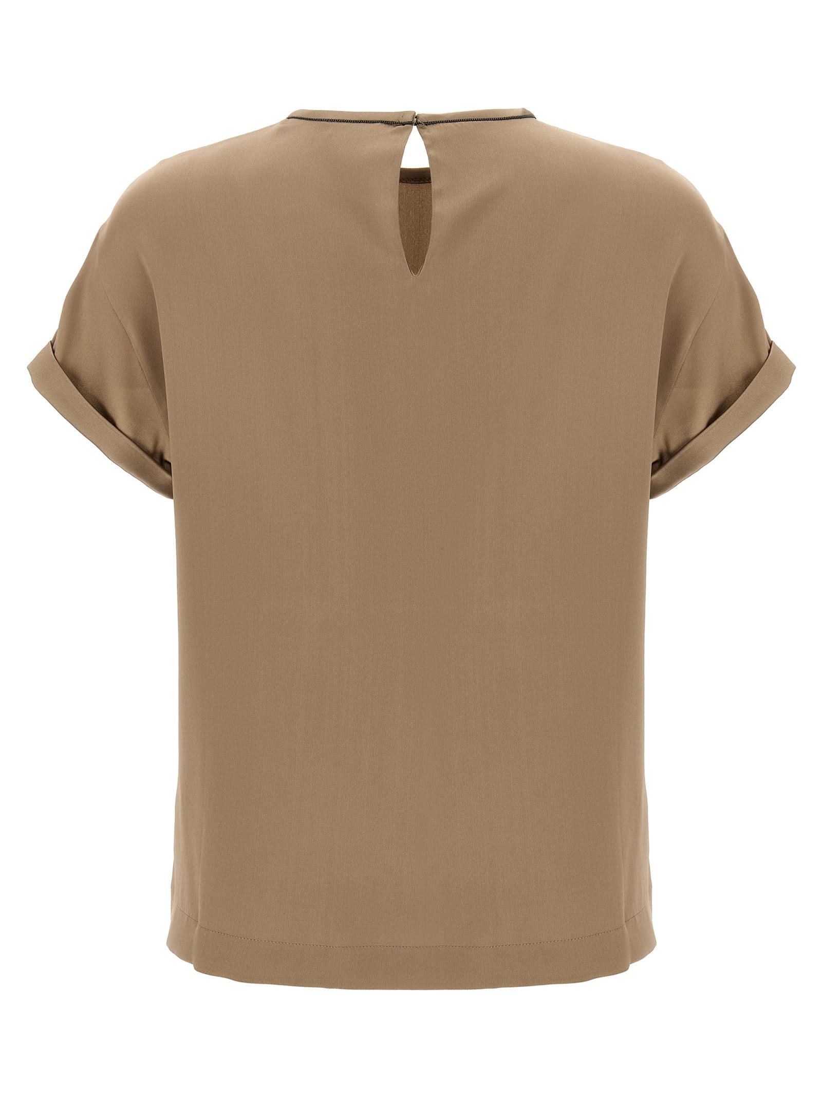 Brunello Cucinelli Beige Crewneck T-shirt With Monile Detail On The Neck In Gray