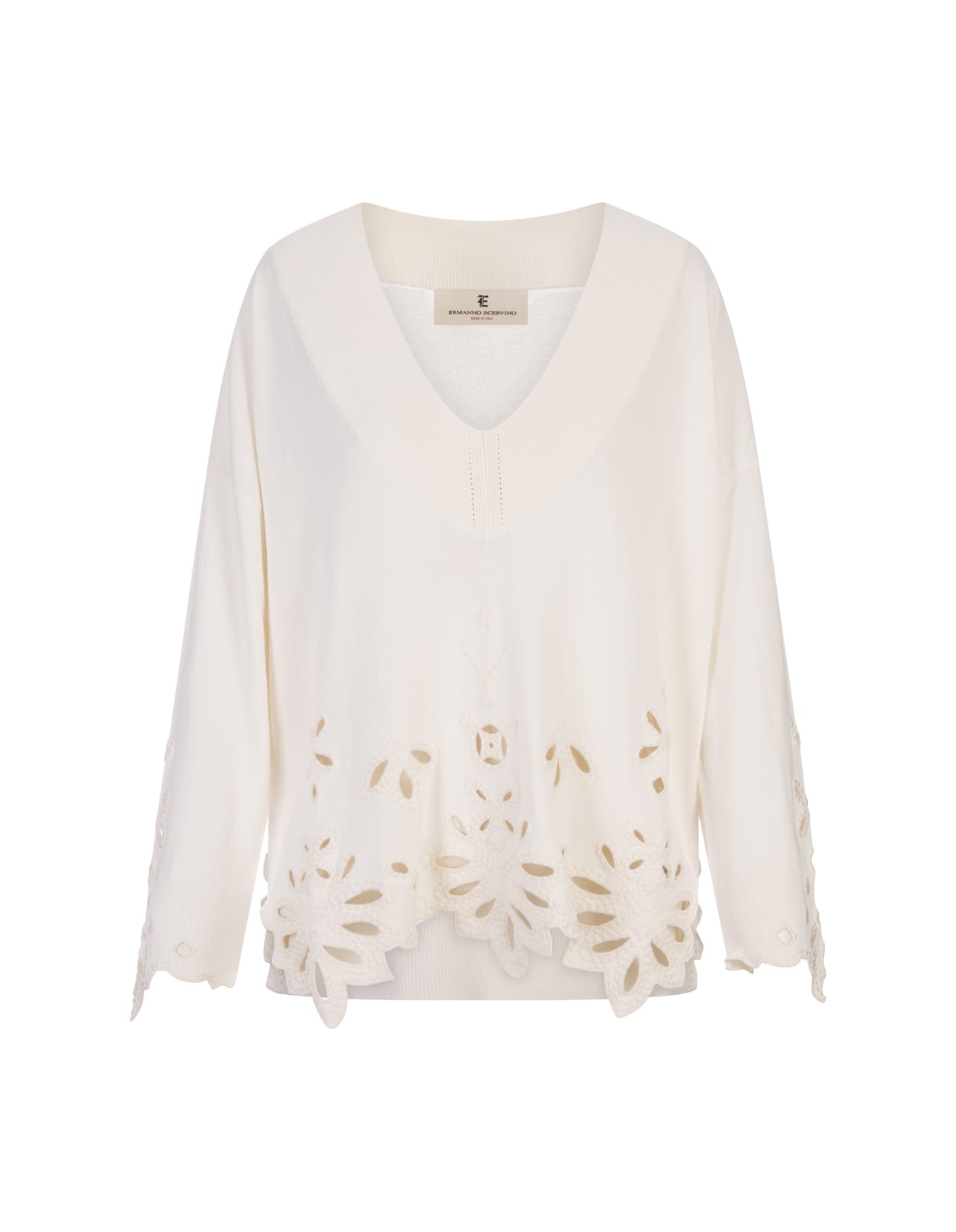White Over Sweater With V-neck And Lace