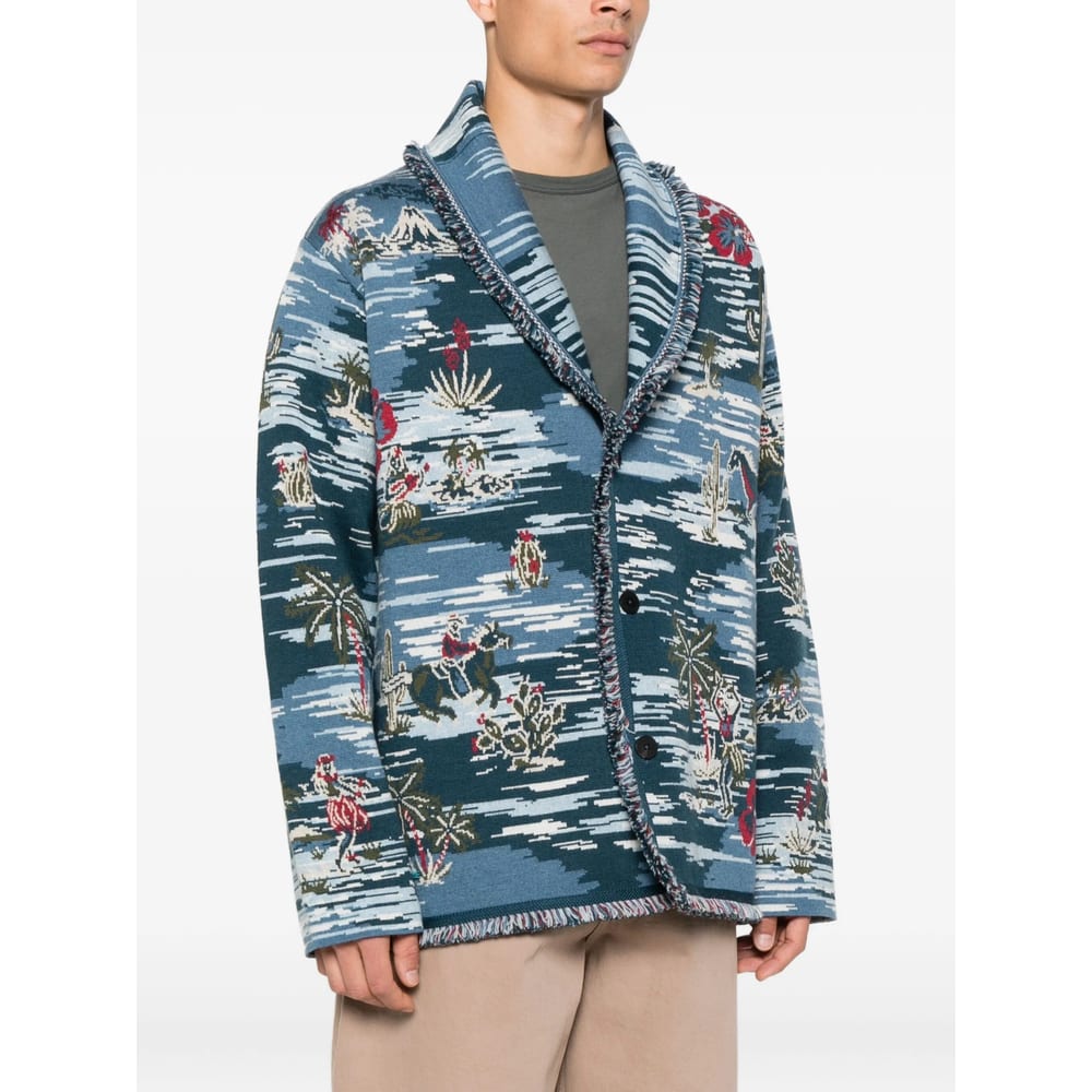 Alanui Fringed Patterned Cardigan In Blue