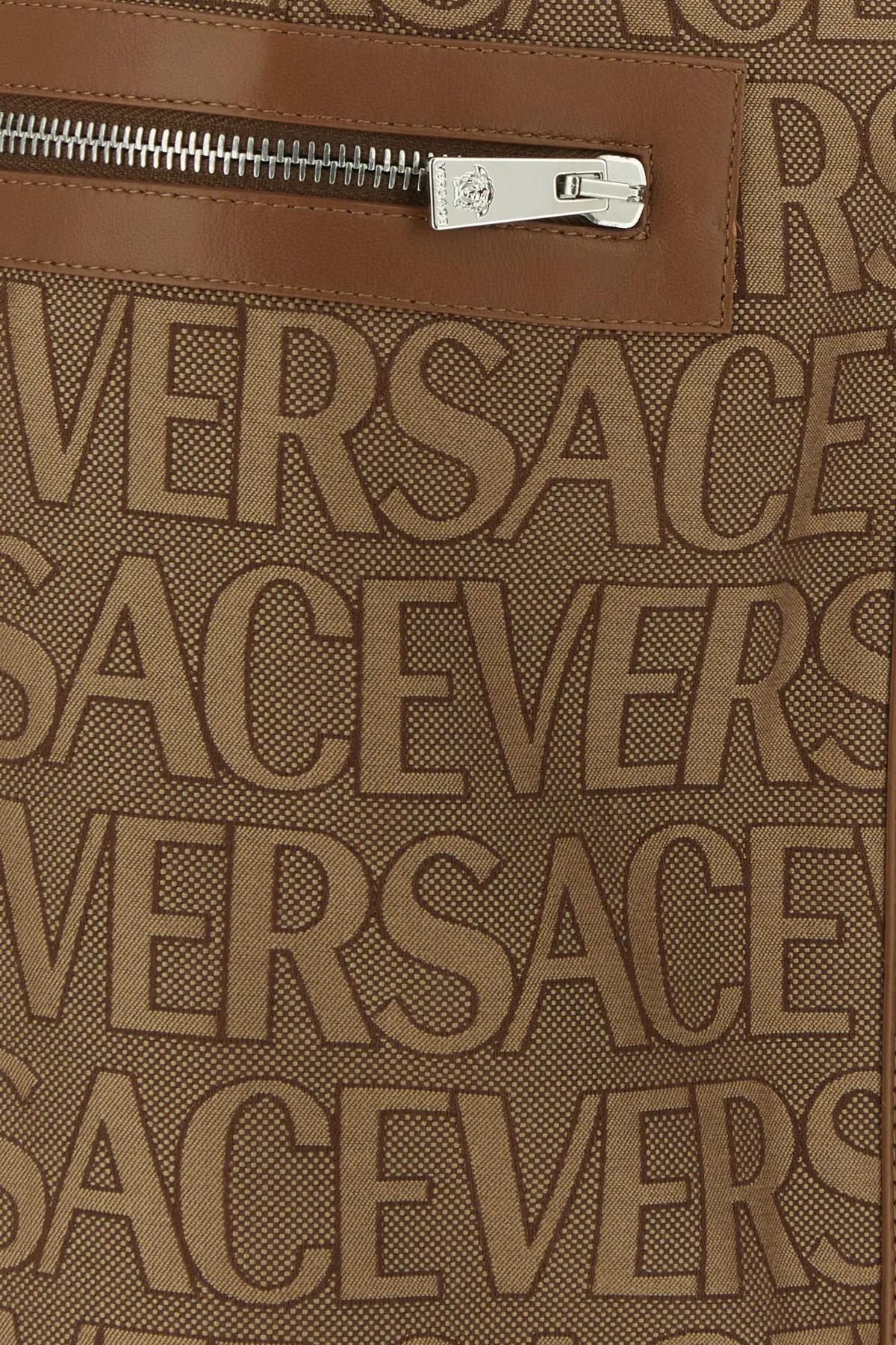 Versace Logo Jacquard Mini Tote Bag in Brown