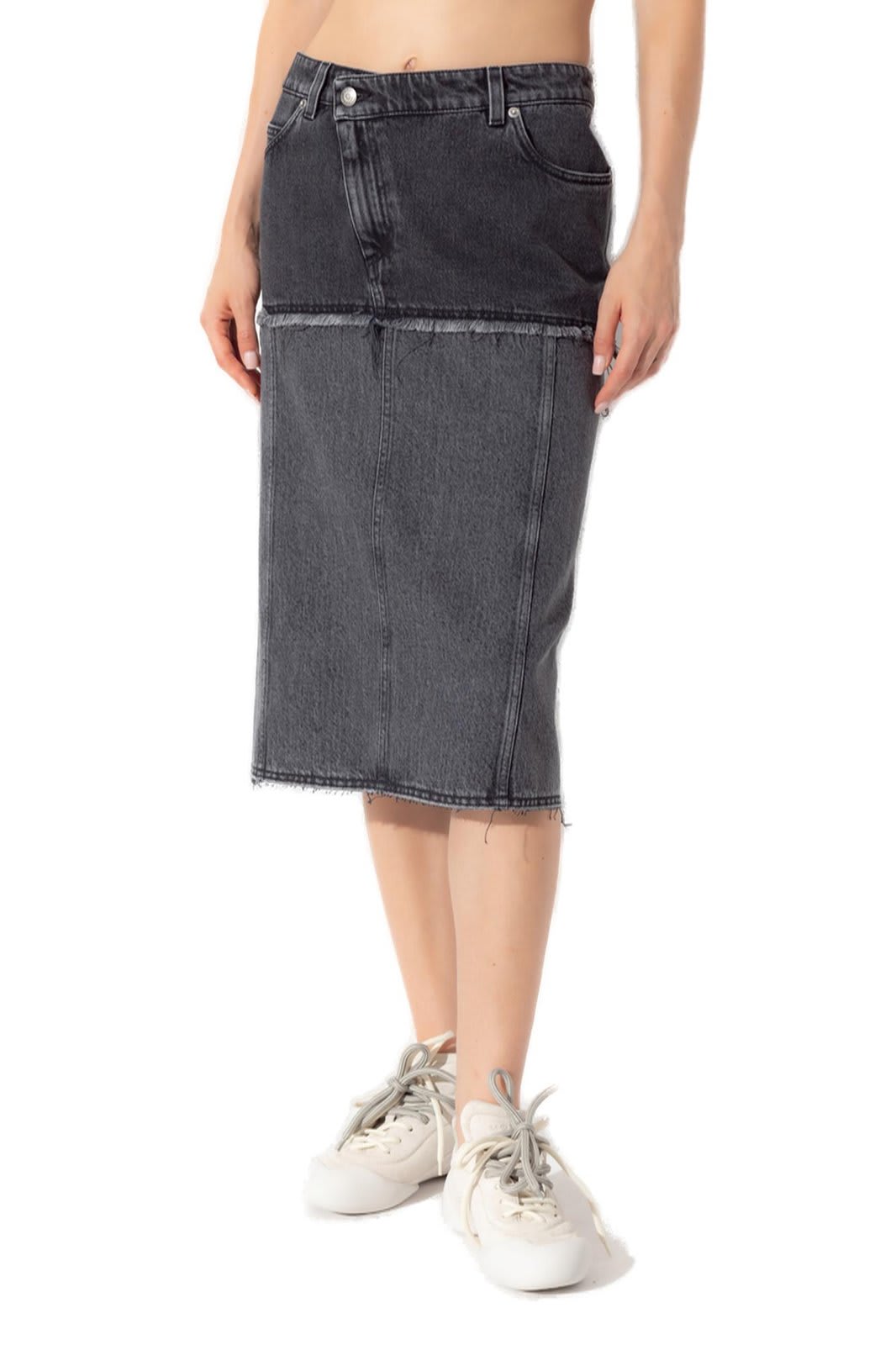 Shop Alexander Mcqueen Two-toned Raw Edge Denim Skirt In Black