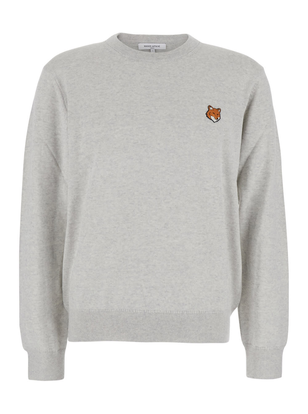 Maison Kitsuné Grey Crew Neck Sweater With Fox Patch On The Front In Wool Man In Gray