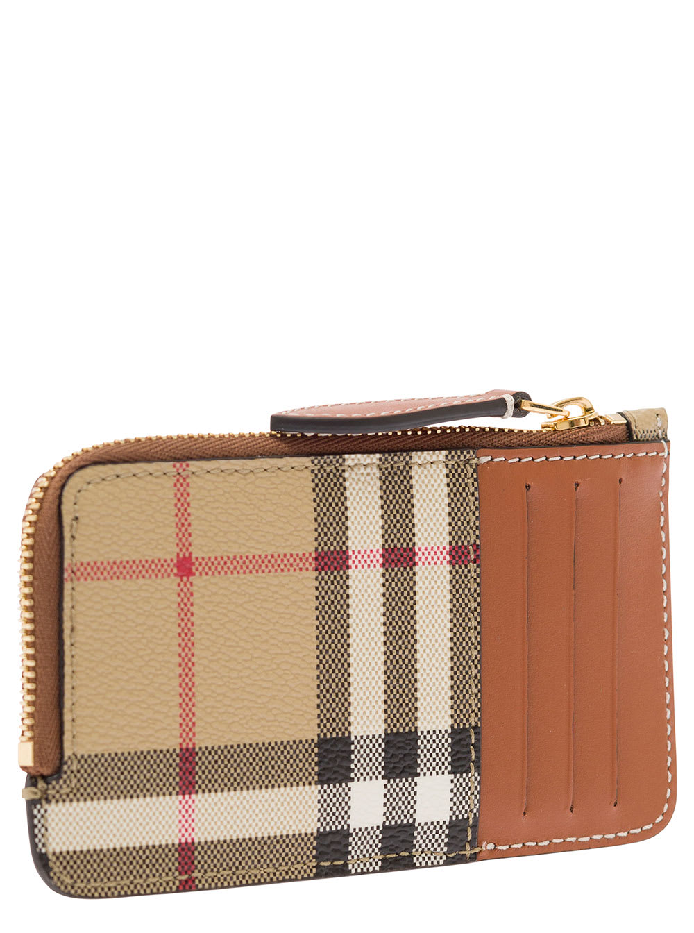 Shop Burberry Beige Card Case With Check Motif In Eco Leather Woman