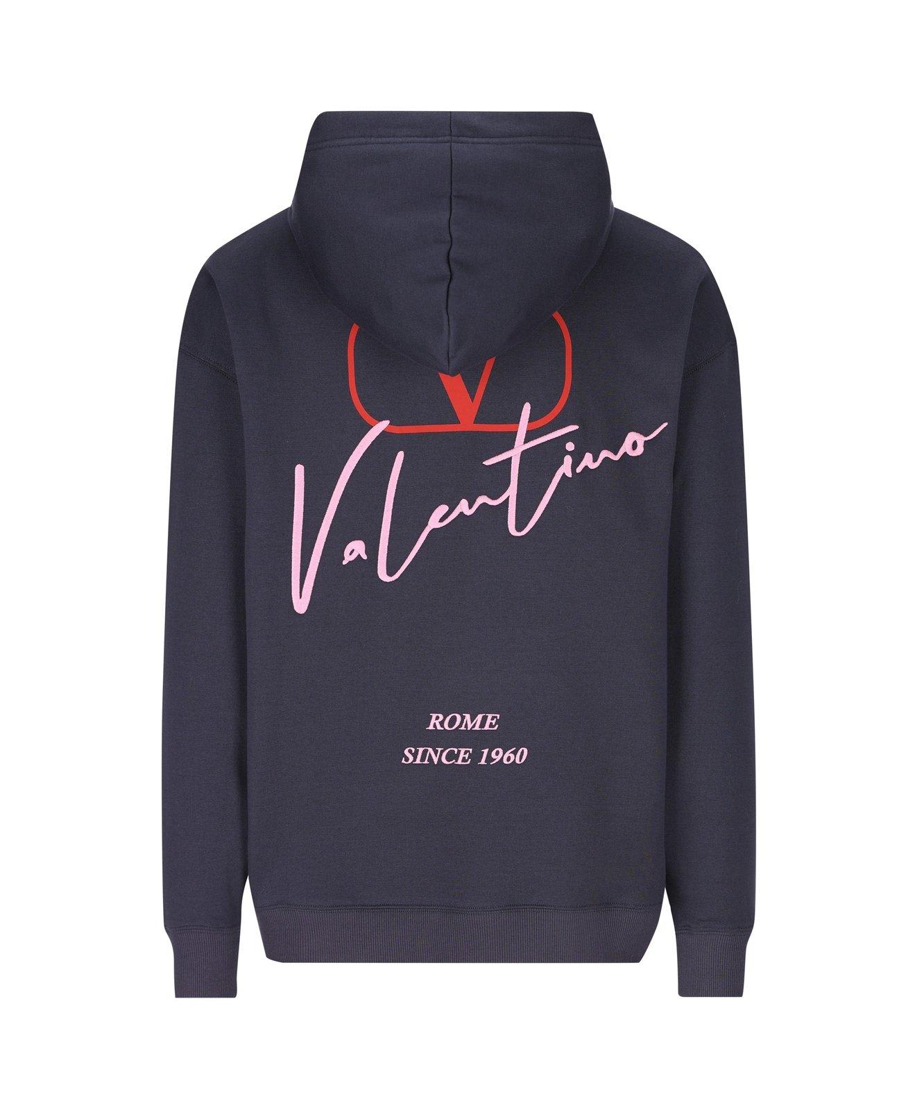 Shop Valentino Logo Printed Drawstring Hoodie In Blue