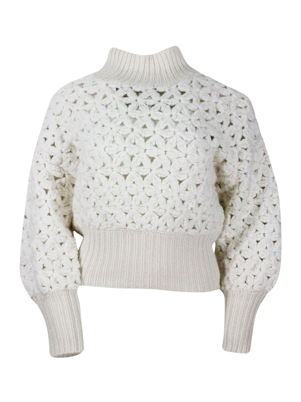Shop Fabiana Filippi Long-sleeved High-neck Sweater In Soft And Precious Wool, Silk And Cashmere With Flower Processing A In White