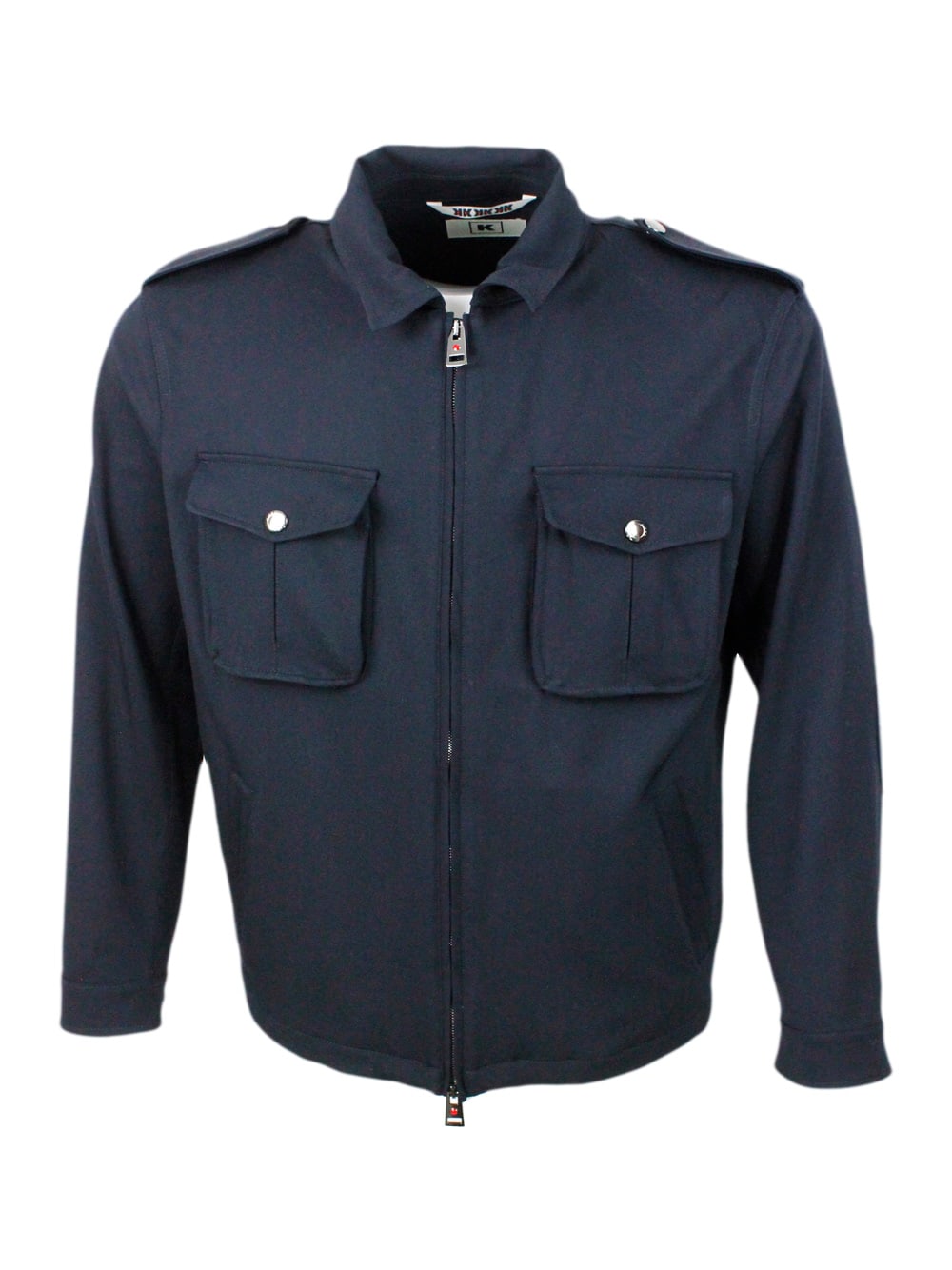 Shop Kired Jacket In Special Stretch Water-repellent Wool Canvas Fabric With Standing Collar And Patch Pockets  In Blu
