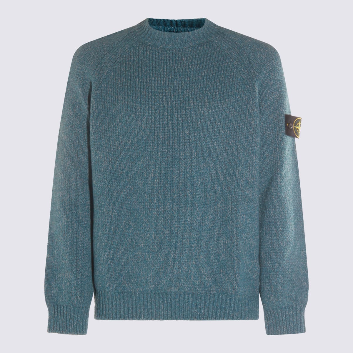 Stone Island Textured Knit Sweater With Distinctive Sleeve Patch In Blue