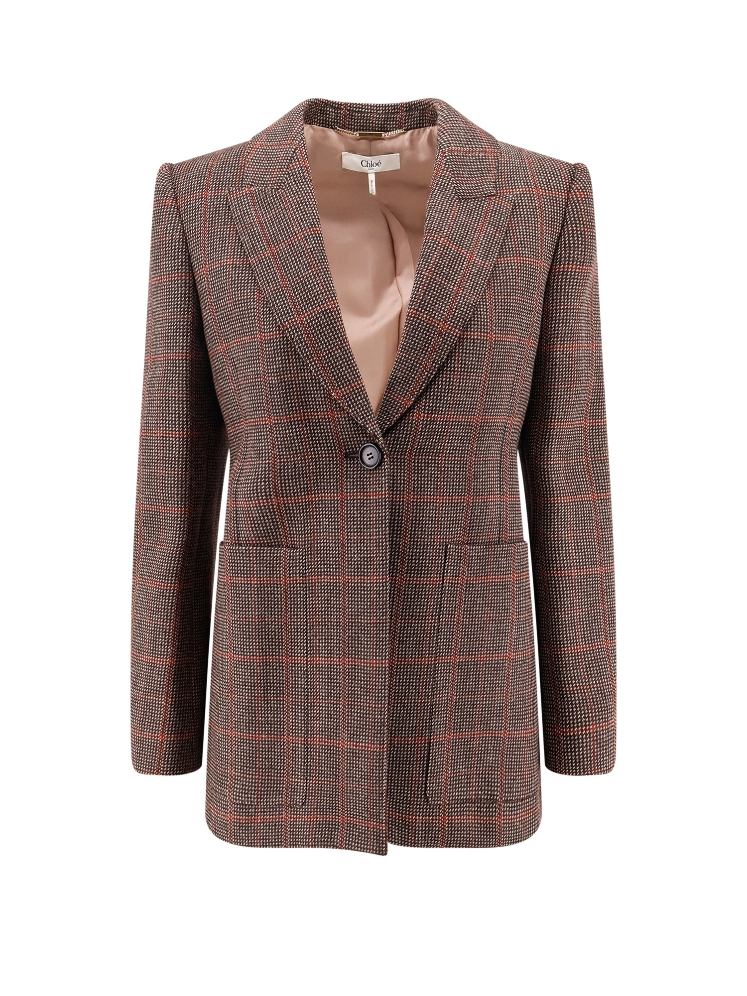 Chloé Single-breasted Checked Brown Wool Jacket Women In Brown