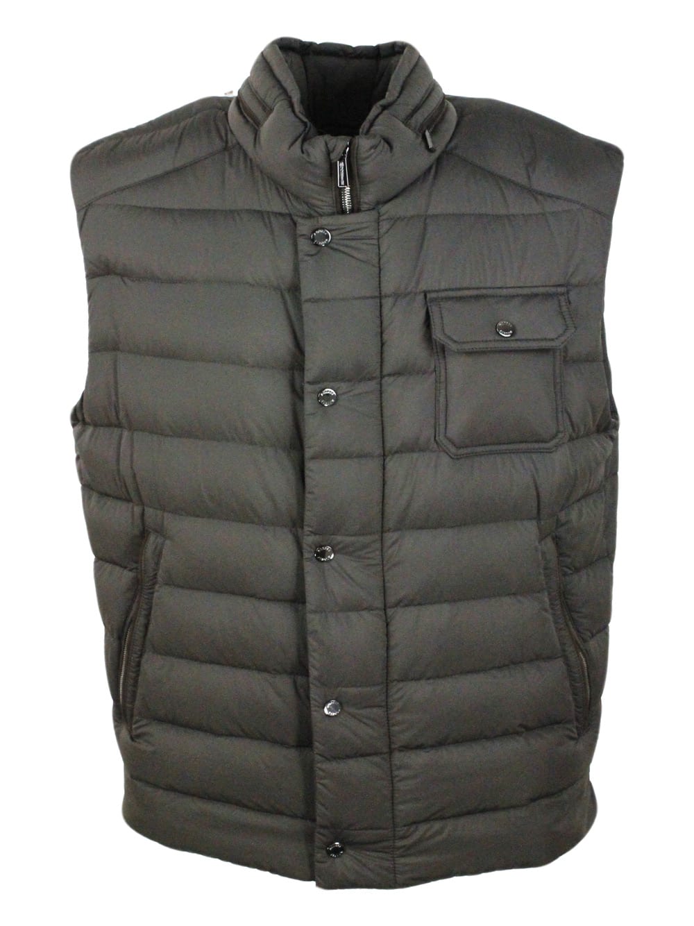 Shop Moorer Sleeveless Vest Padded With Real Goose Down With Concealed Hood And Front Zip And Button Closure In Military