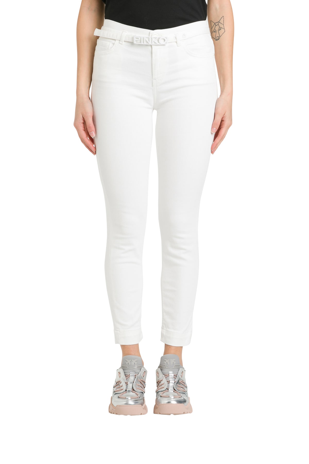 Pinko Skinny And Crop Jeans With Logo Belt In Bianco
