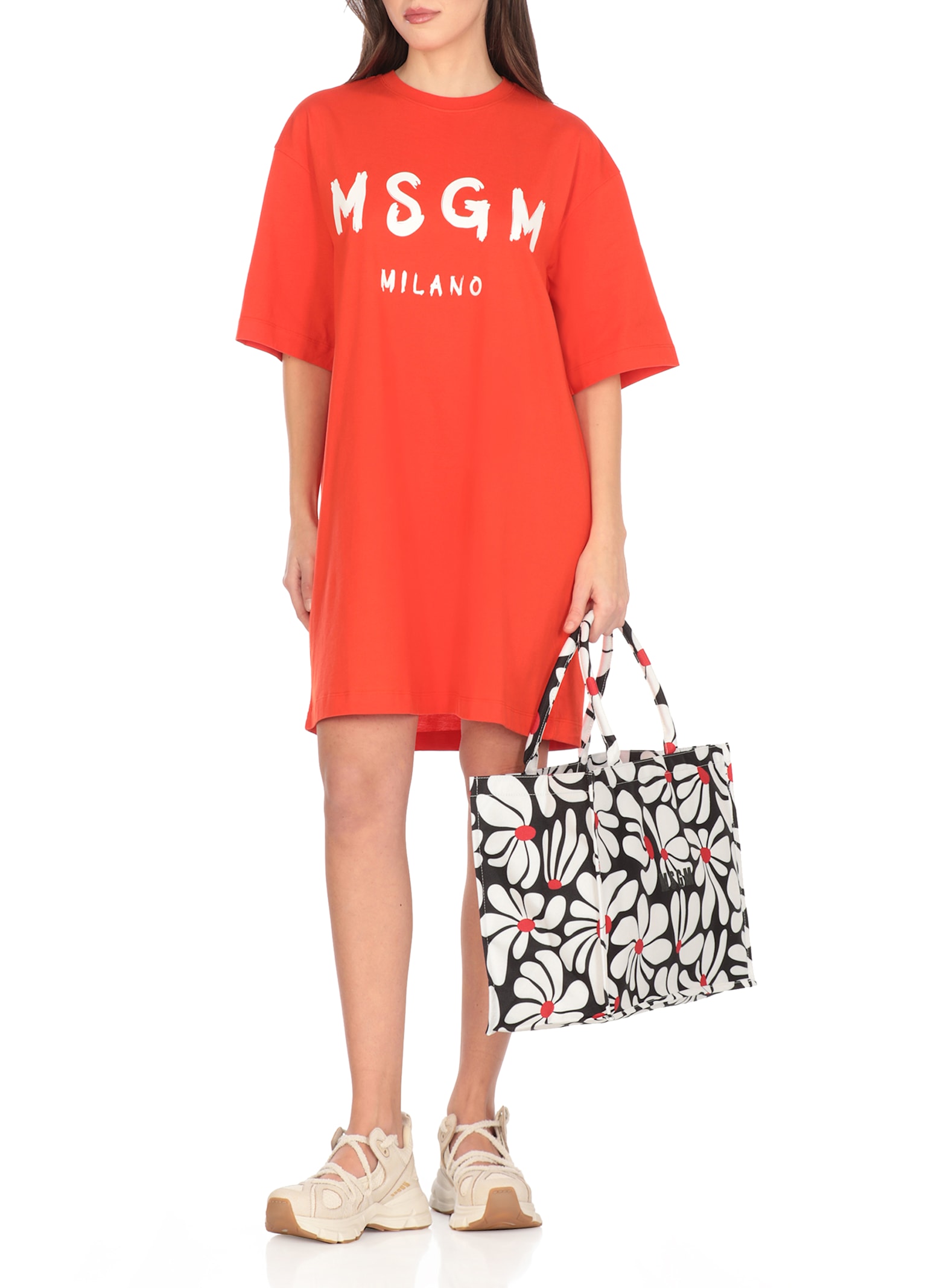 Msgm Logo Crew Neck Mini Dress In Red