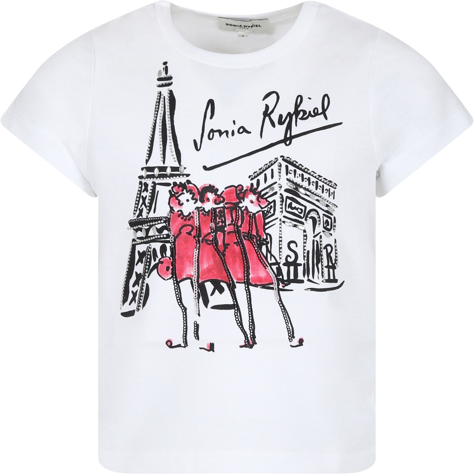 Shop Rykiel Enfant White T-shirt For Girl With Tour Eiffel Print And Rhinestones In Ivory