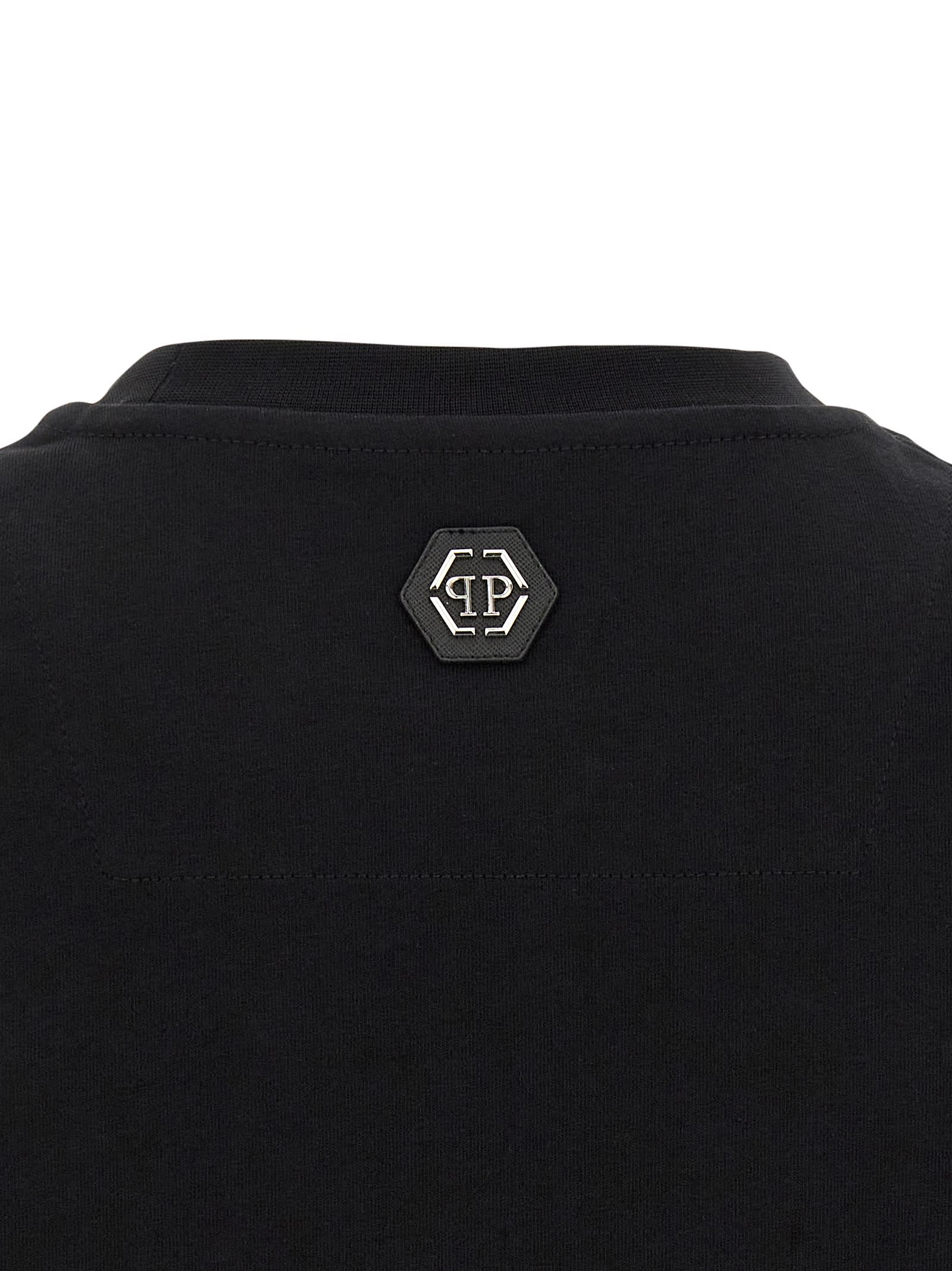 Philipp Plein Crew Neck Black T-shirt With Crystal Skull Design And Logo Patch In Black