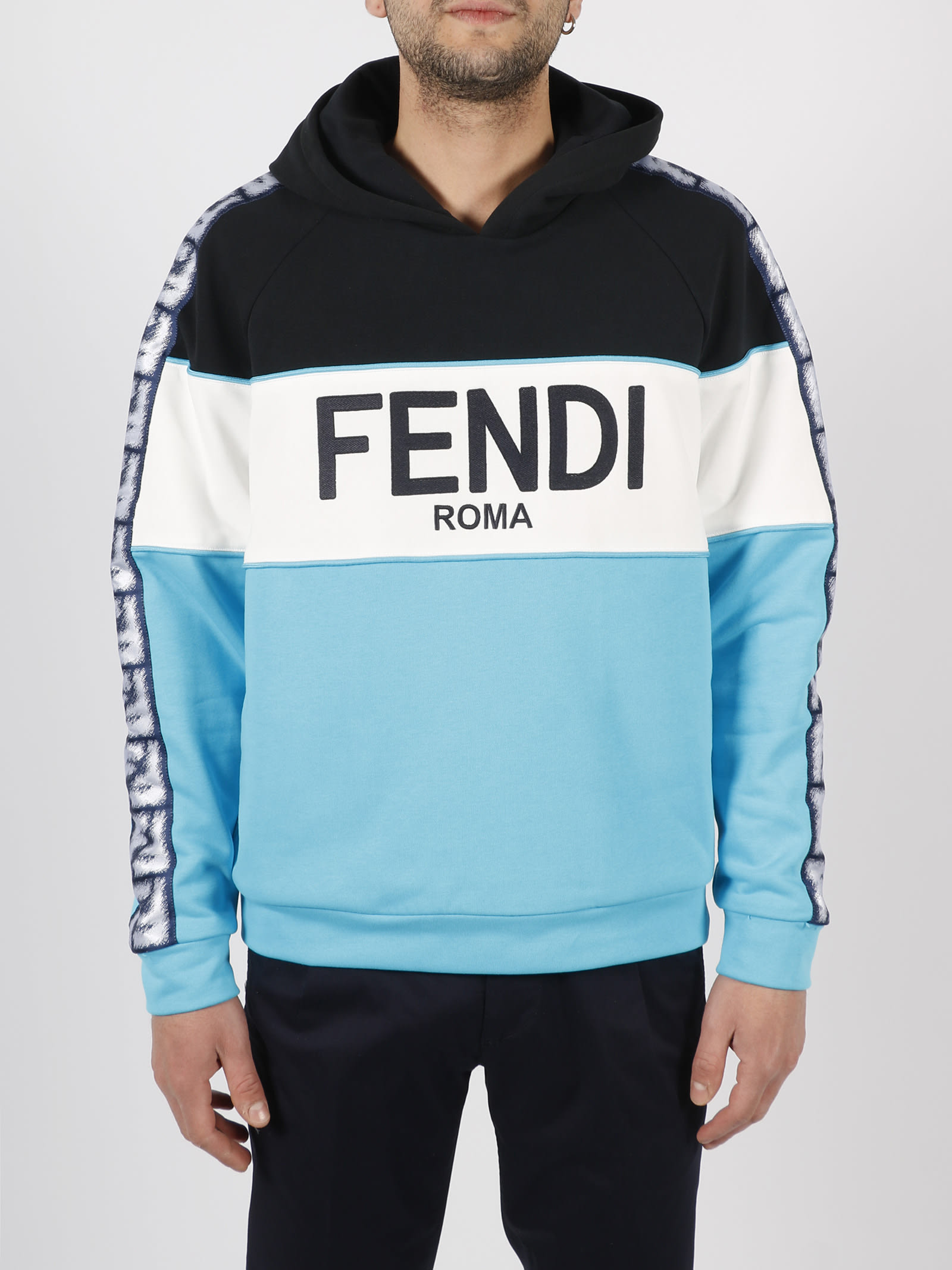 Shop Fendi Logo Jersey Hoodie In Navy