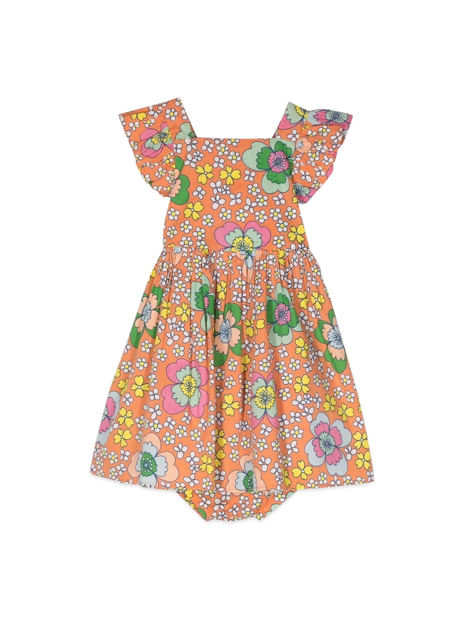 Stella Mccartney Orange Printed Cotton Muslin Baby Girl  Dress With Coulottes In Multicolor