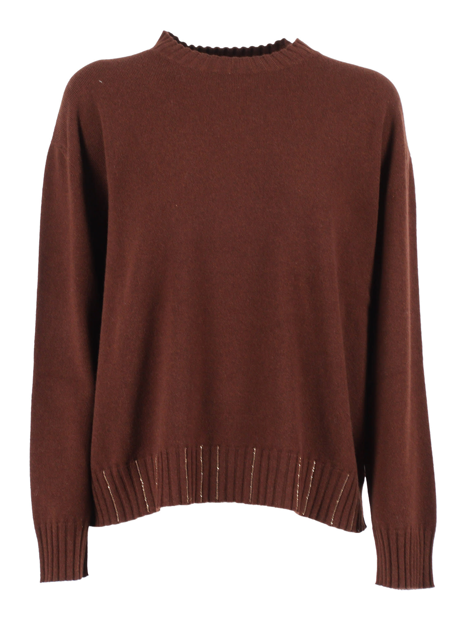 Fabiana Filippi Platinum Crew Neck Sweater With Filo Diamante In Brown