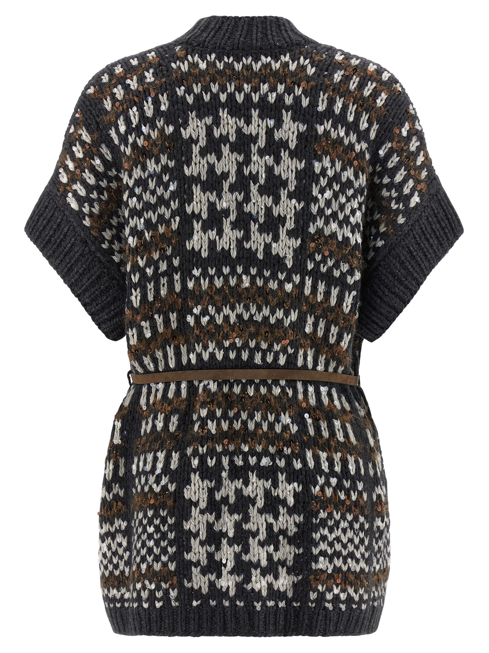 Brunello Cucinelli Houndstooth-pattern Short-sleeve Cardigan In Gray