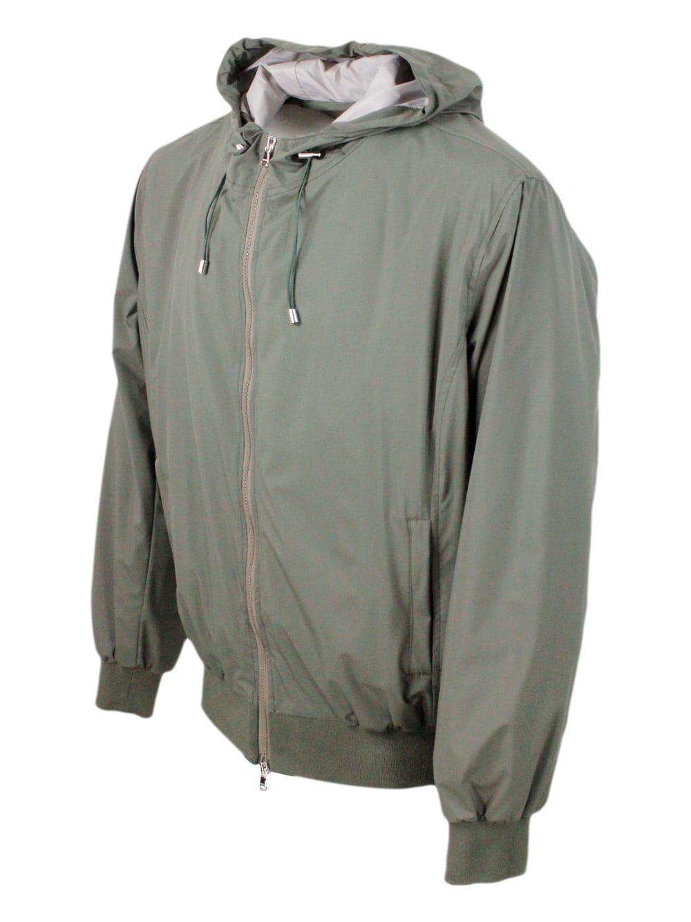 Shop Barba Napoli Lightweight Bomber Jacket In Windproof Technical Fabric With Hood With Zip Closure And Knitted Cuffs In Green