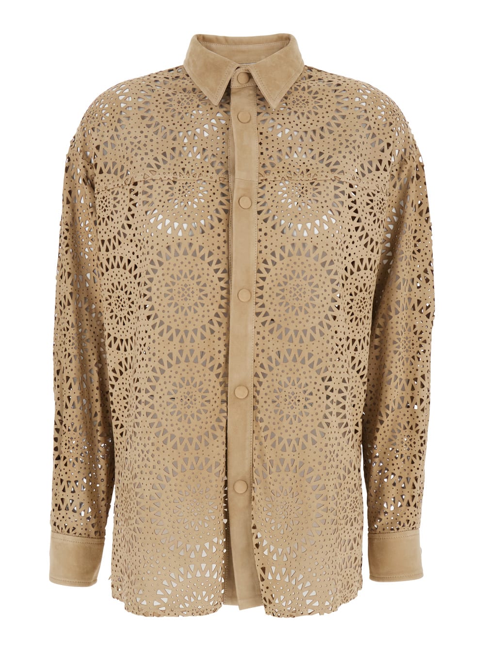 Beige Shirt With Classic Collar And All-over Perforated Motif In Suede Woman
