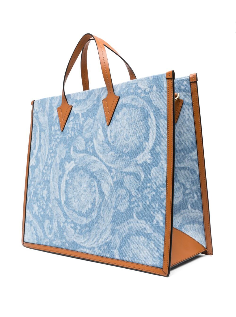 Shop Versace Tote Bag With All-over Logo Print In Light Blue Canvas Man