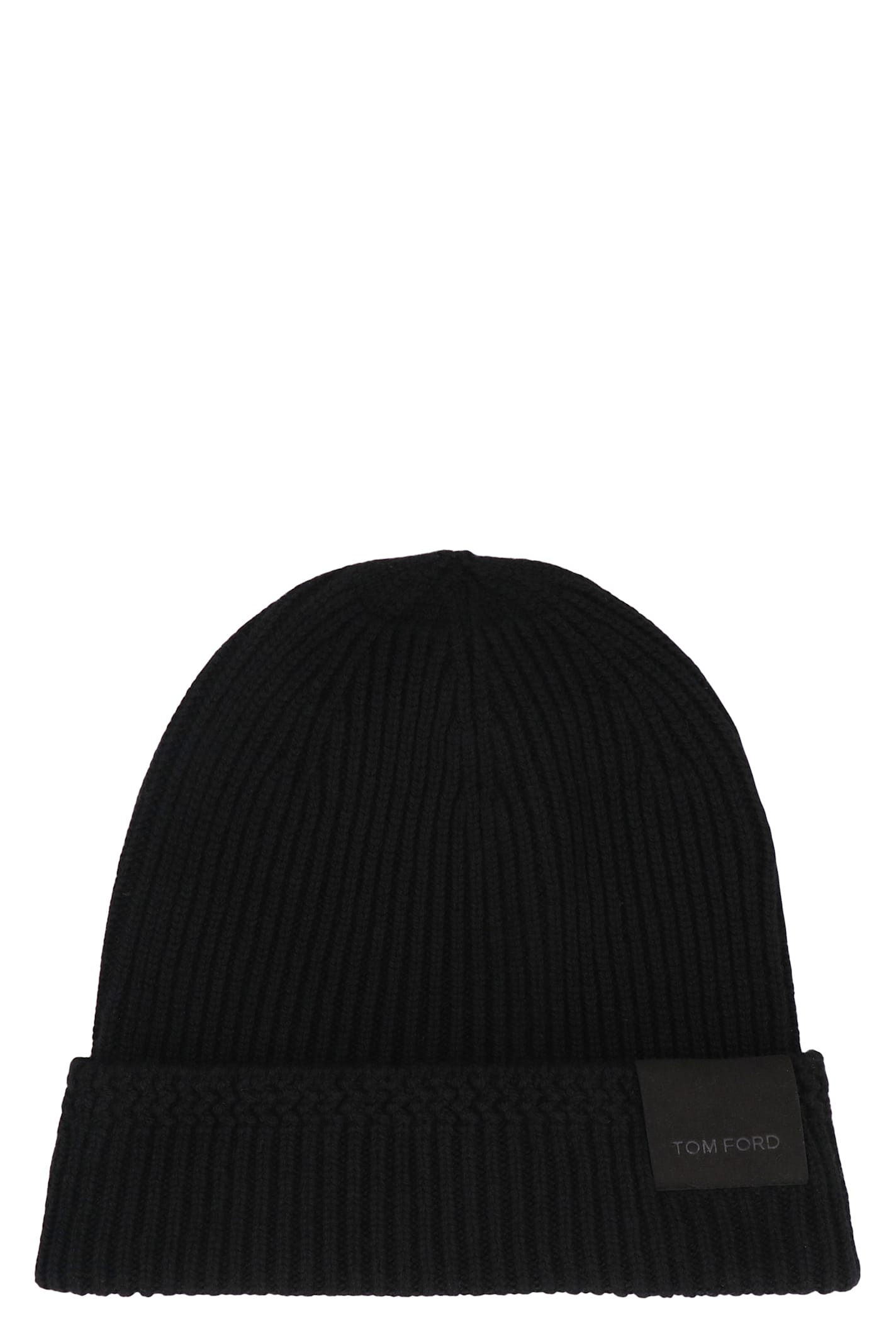 Tom Ford Mens Black Logo-patch Ribbed Cashmere-knit Beanie Hat In Black