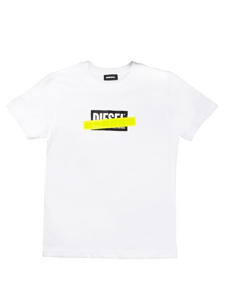 white shirt with yellow writing
